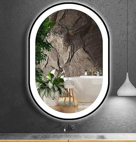 Espejo LED ovalado negro de 32 x 20 pulgadas para baño, sala de belleza, montaje horizontalvertical, marco negro de 32 pulgadas, espejo iluminado