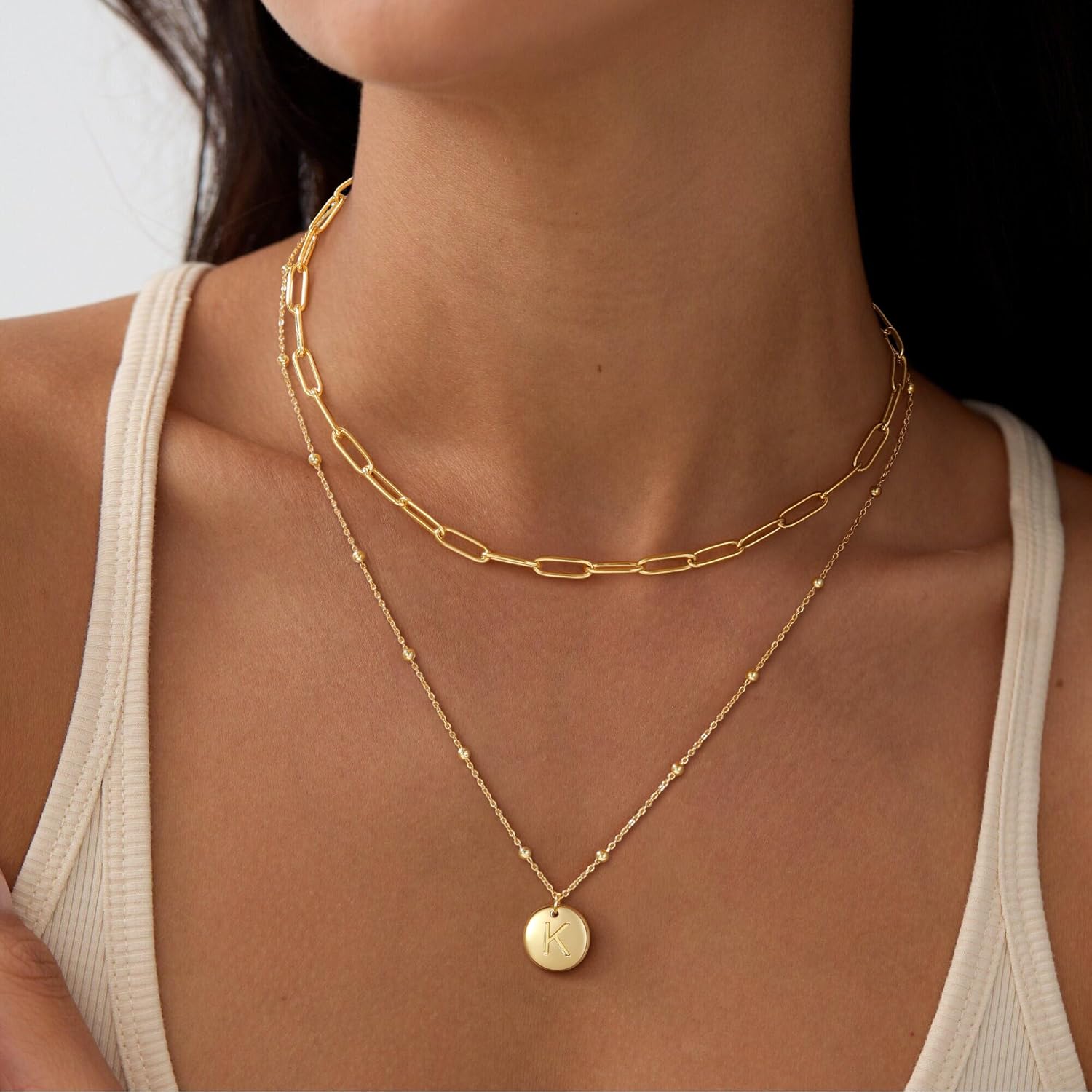 Valentines Day Gifts for Her Kids - Layered Gold Disc Initial Necklaces for Women Girls Gifts Dainty Gold Necklace for Women Paperclip Beaded Necklaces Gold Jewelry for Womens Teen Girls - Image 4