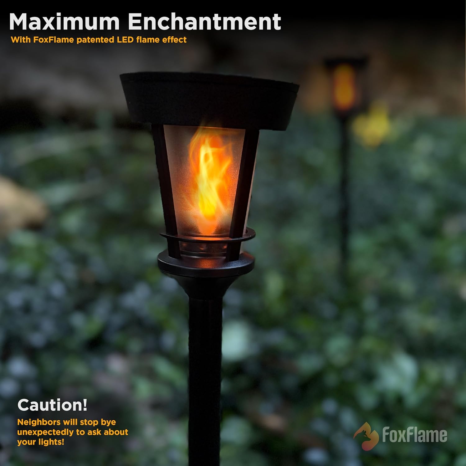 FoxFlame Classic Solar Path Torch - Elegant Flickering Flame Effect with Patented LED,IP65 Waterproof,Solar-Powered Lighting for Garden,Yard, and Landscape Ambiance Easy Stake Installation (6 Pack)
