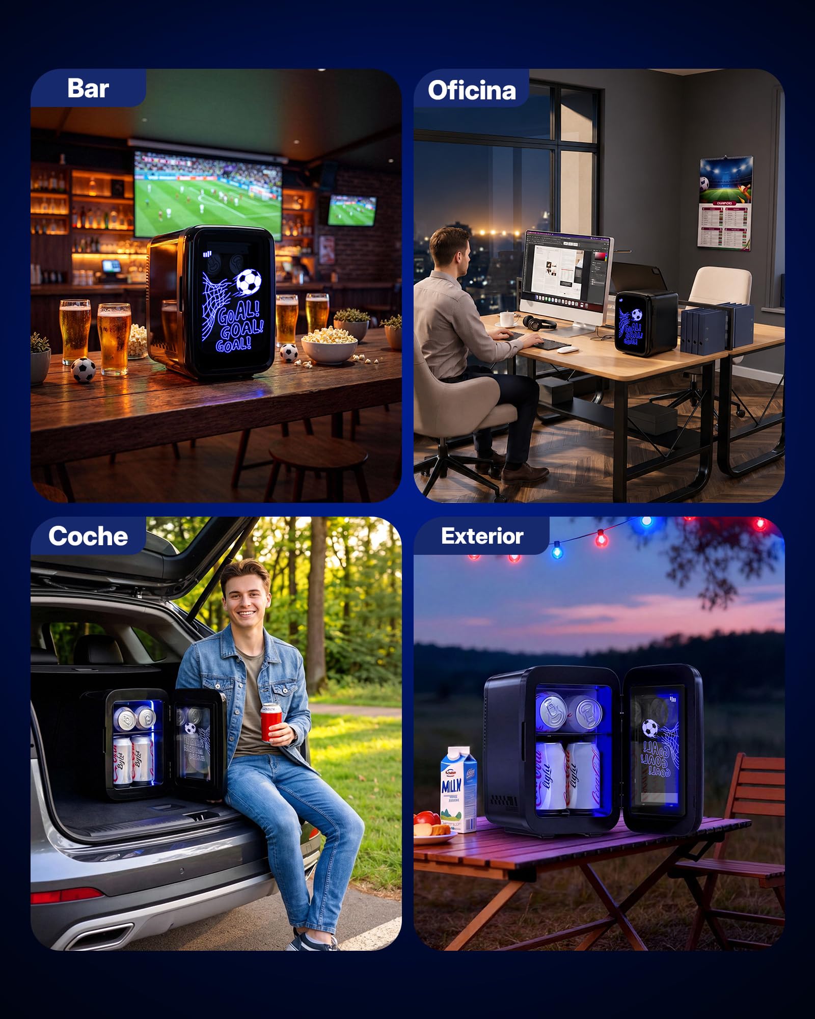 Upstreman Mini Nevera 4L/6 Latas, Silenciosa, Mini Frigorifico LED de 7 Colores,Refrigeración & Calefacción, 12V/220V, Nevera Pequeña para Bebidas y Cuidado de La Piel, Serigrafía de Fútbol, TR4-F