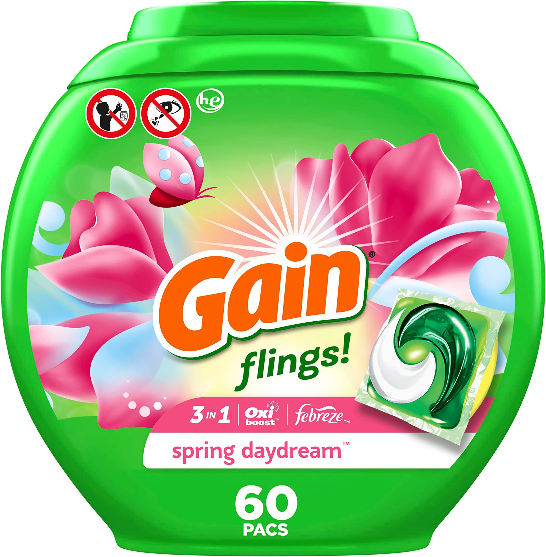 Flings Laundry Detergent Soap Pacs, HE Compatible, 60 ct, Long Lasting Scent, Spring Daydream
