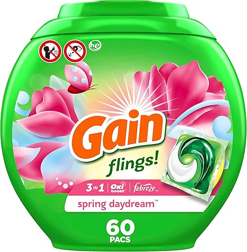 Gain Flings - Paquete de detergente para ropa sucia, 60 unidades, aroma Spring Daydream, 3 en 1 paquetes de detergente HE con Oxi Boost y Febreeze