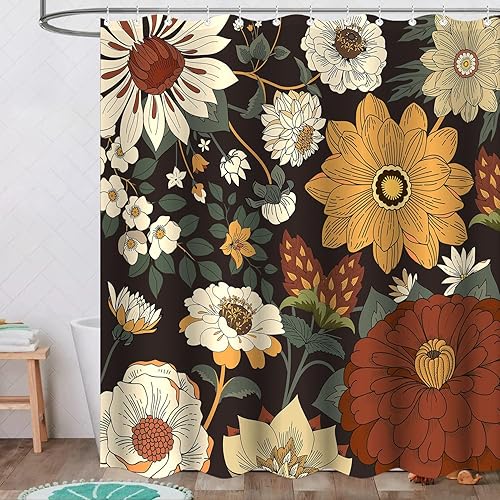 Cortina de ducha con diseño floral vintage, cortina de baño con flores bohemias, decoración de baño botánica moderna de mediados de siglo,