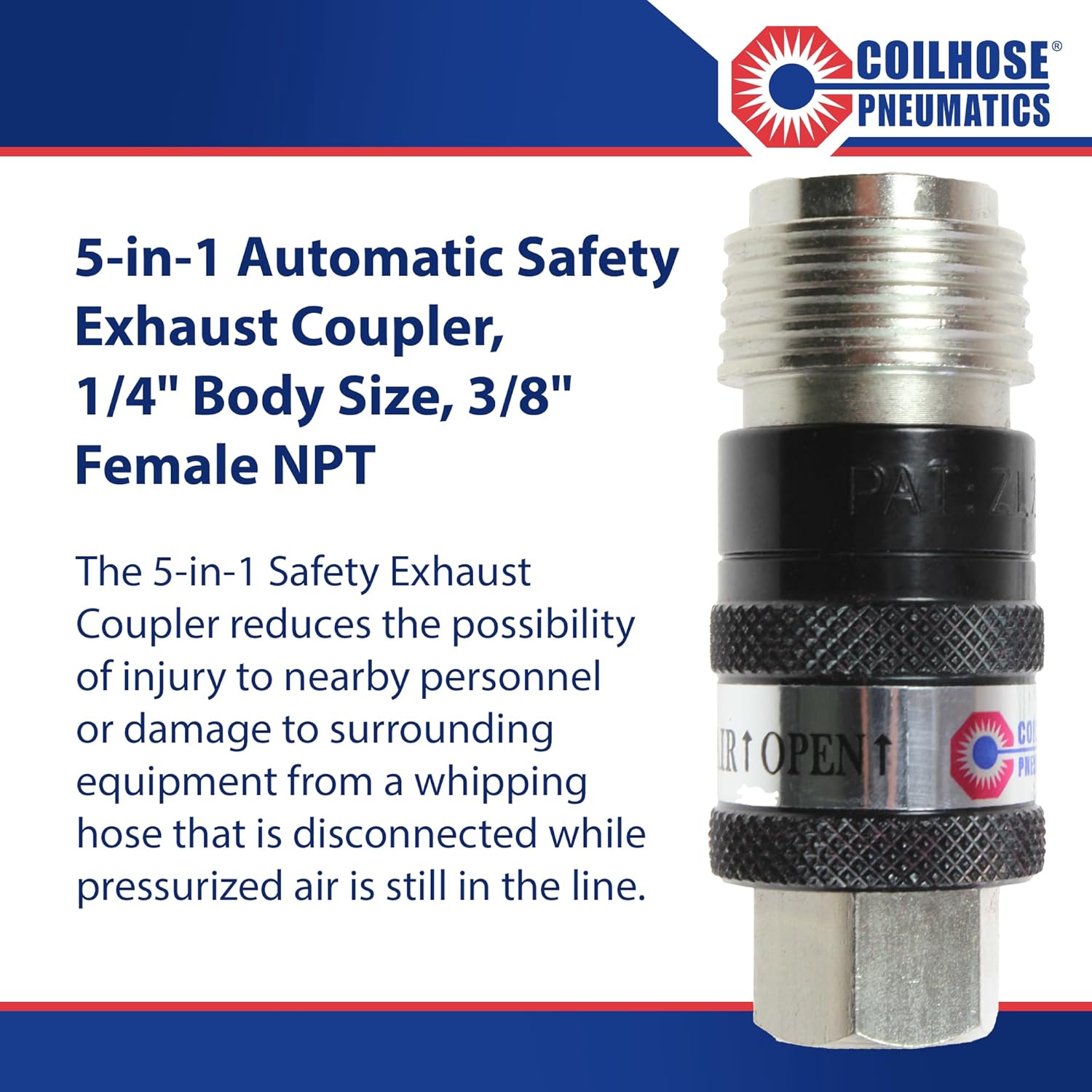Coilhose Pneumatics 151USE 5-in-1 Automatic Safety Exhaust Coupler, 1/4" Body Size, 3/8" Female NPT