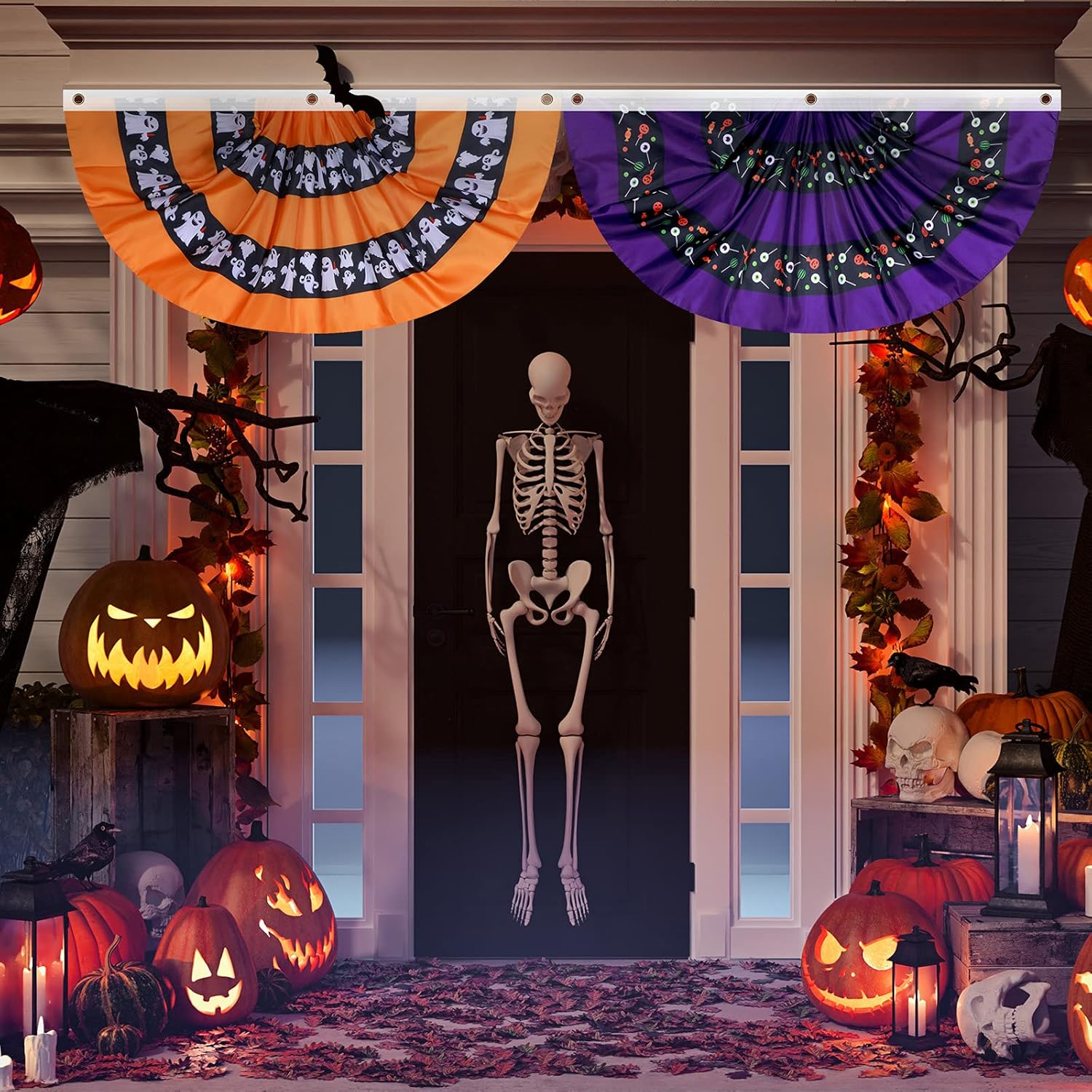 4 Pcs Halloween Bunting Flags for Outside 3 x 1.5 ft Pleated Half Fan Flag Hanging Banner Outdoor with 3 Grommet for Halloween Porch Garden Yard Holiday Indoor Home Decorations, Black Orange - Image 3