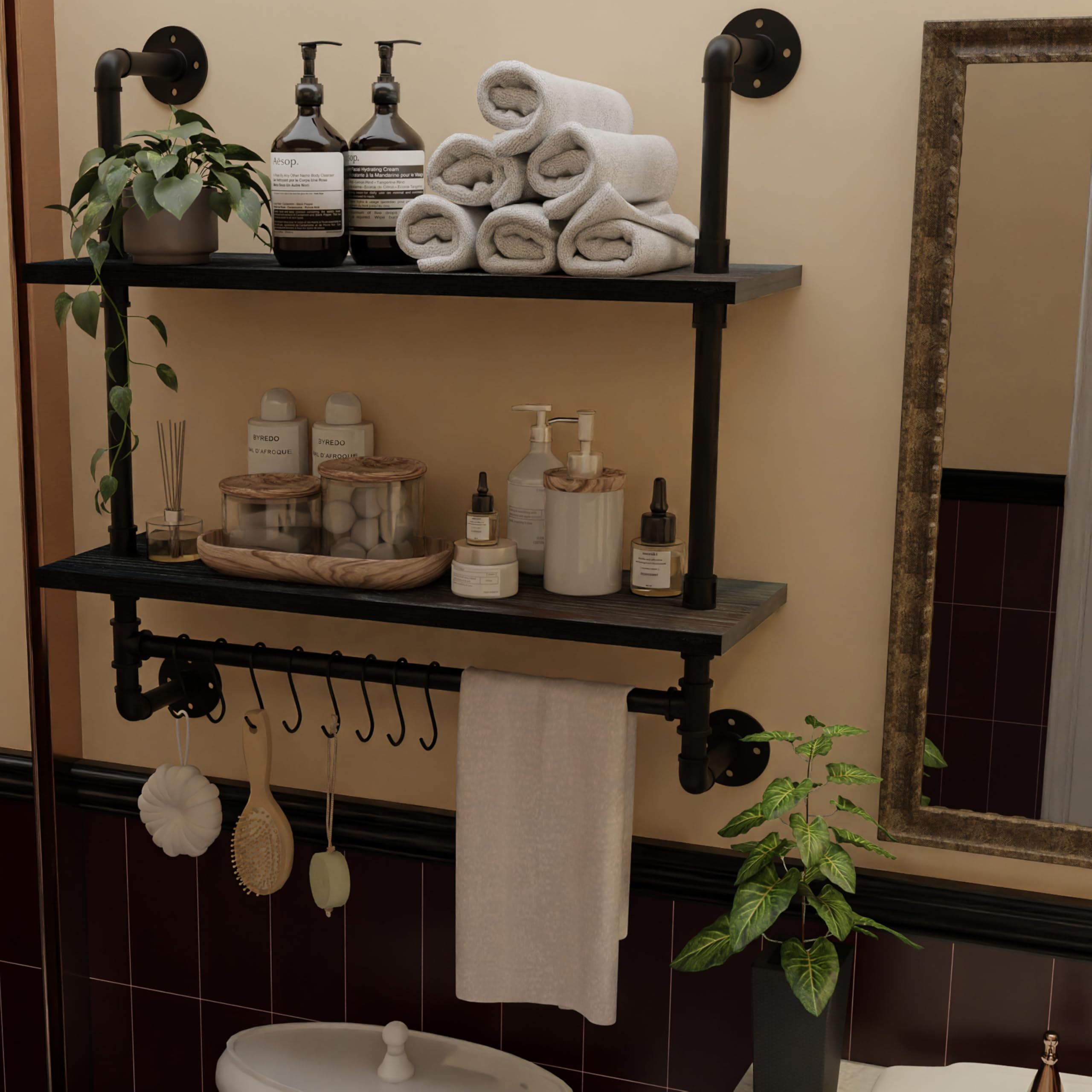 ROGMARS Estantes industriales de tubería, estantes flotantes negros de 24 pulgadas para baño con ganchos para toallero, estantes de pared de cocina, estantes de cafetería, estantes montados en la