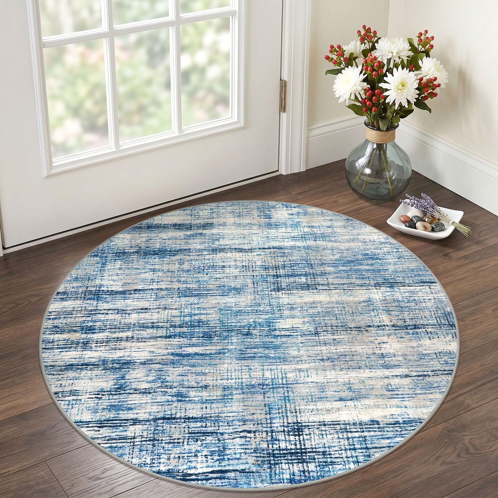 KOZYFLY Abstract Circle Rug 3Ft Washable Kitchen Round Rug Blue Beige — image 1