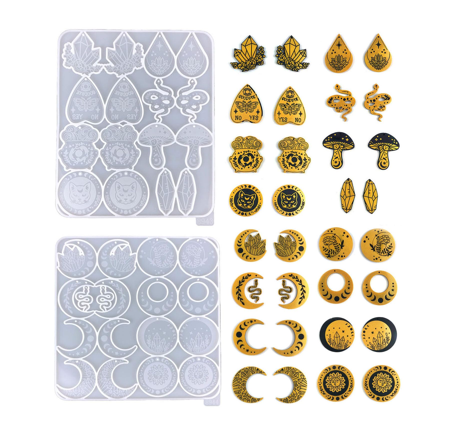 Xidmold 2pcs Moon Phase Earring Resin Moulds, Moon Flower Mushroom Butterfly Cat Snake Jewelry Pendant Silicone Moulds Casting Mold for DIY Jewelry Crafts