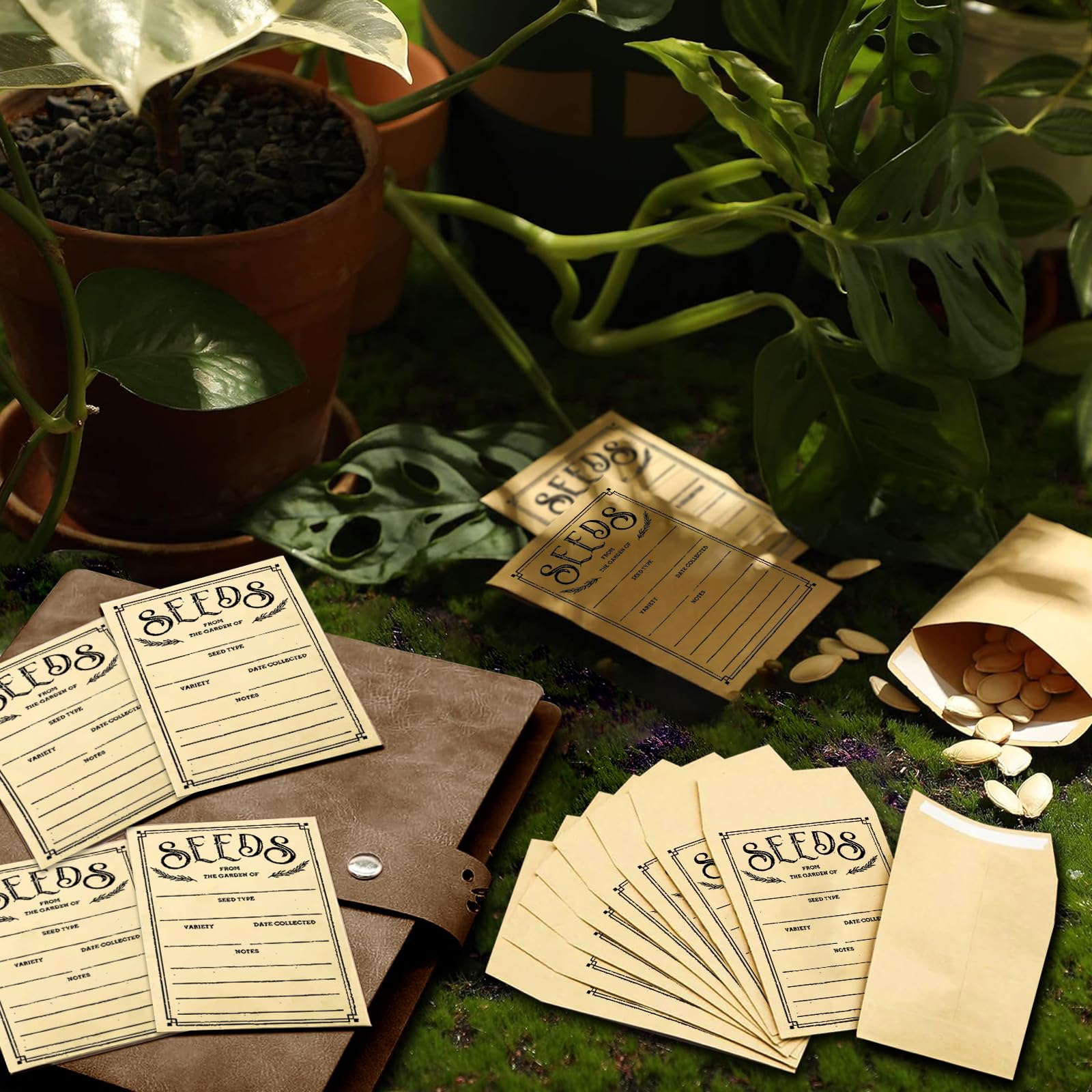 Lot de 100 enveloppes auto-adhésives pour rangement de semences de jardin, organiseurs, paquets d'économie, boîte, classeur de collection et organisation – Idéales pour chaque jardinier (marron)