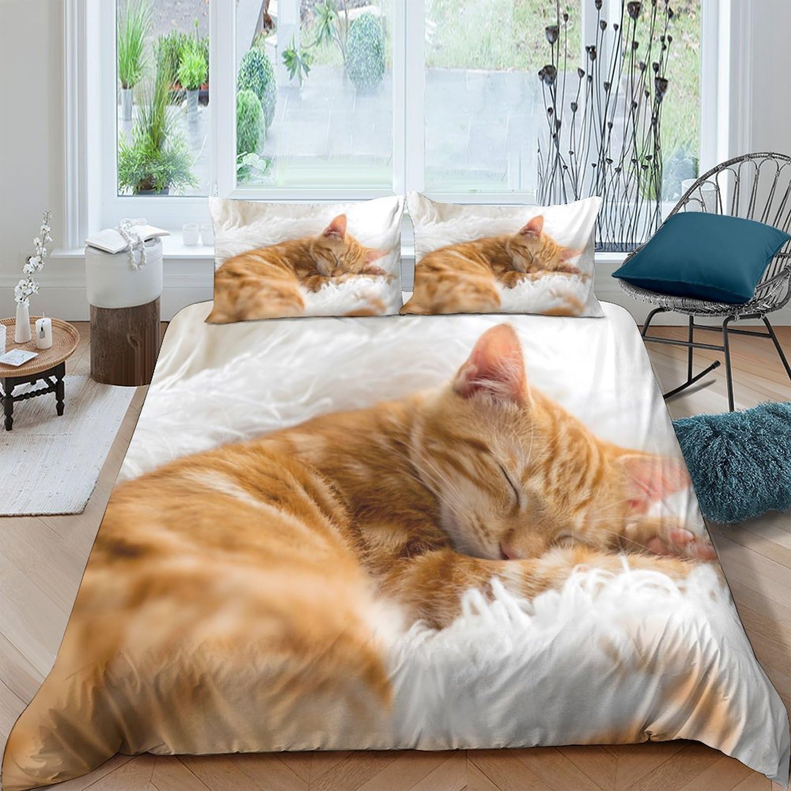 Ctjqhvkz Style-6 3D Printed Sleeping Cat Fitted Sheet Microfiber Soft Orange Tabby Bed Cover For Bedroom Guest Room Decor Single（135X200cm）