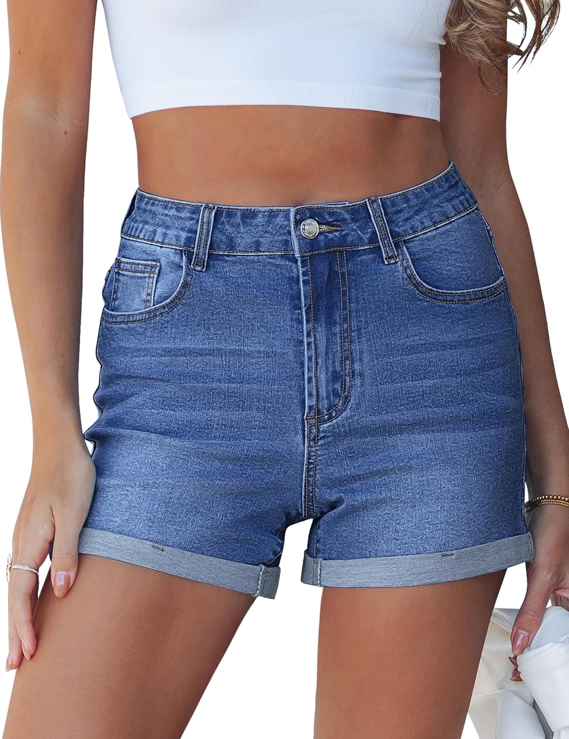 luvamia Jean Shorts for Women High Waisted Trendy Cuffed Hem Casual Summer Stretchy Comfortable 2026 Denim Mom Shorts