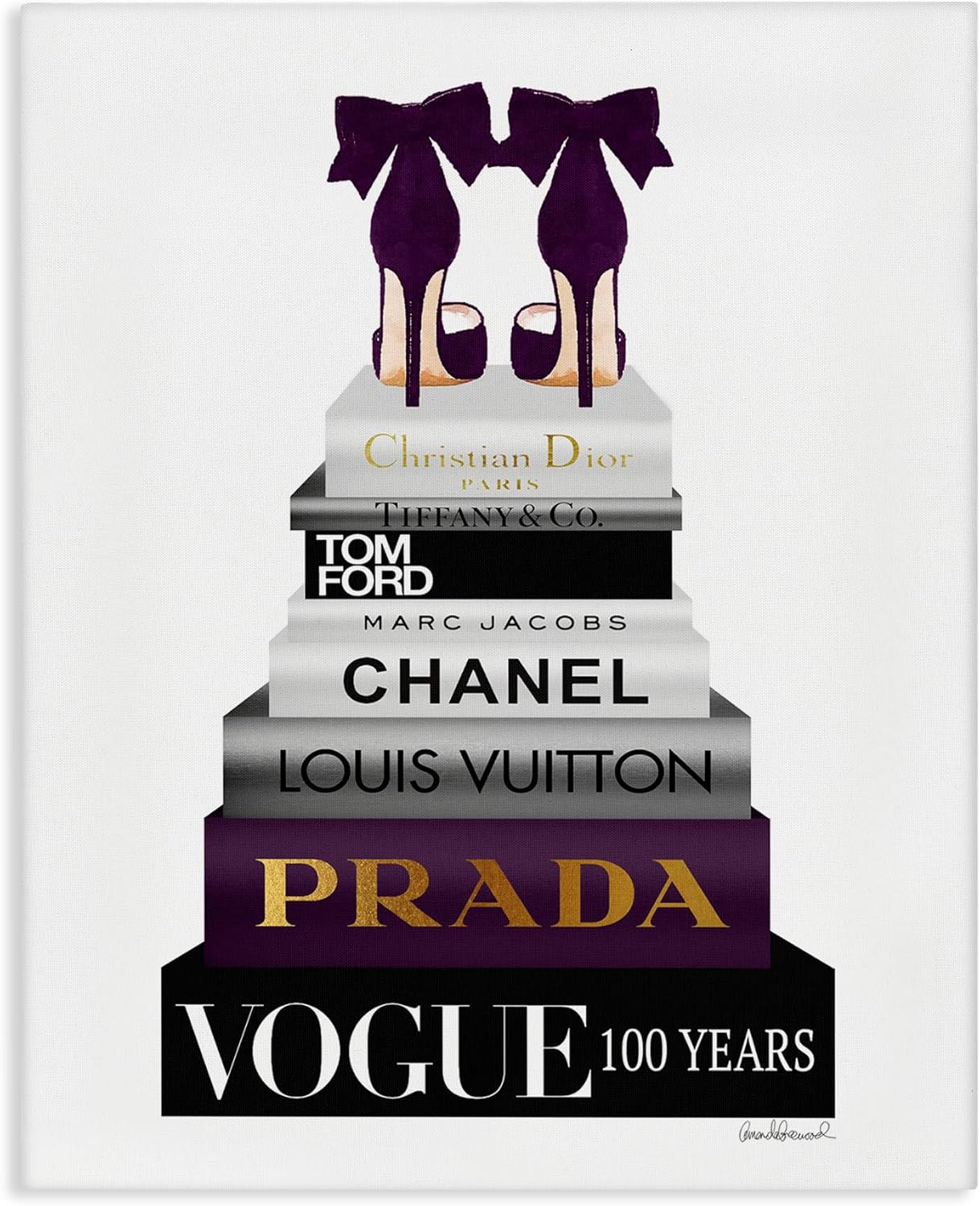 Stupell Industries 'Fashion Designer Shoes Bookstack Purple Gold Watercolor ', Canvas Art, 16 x 20 Inches, Easy to Hang and Sturdy, Made in USA, by Amanda Greenwood