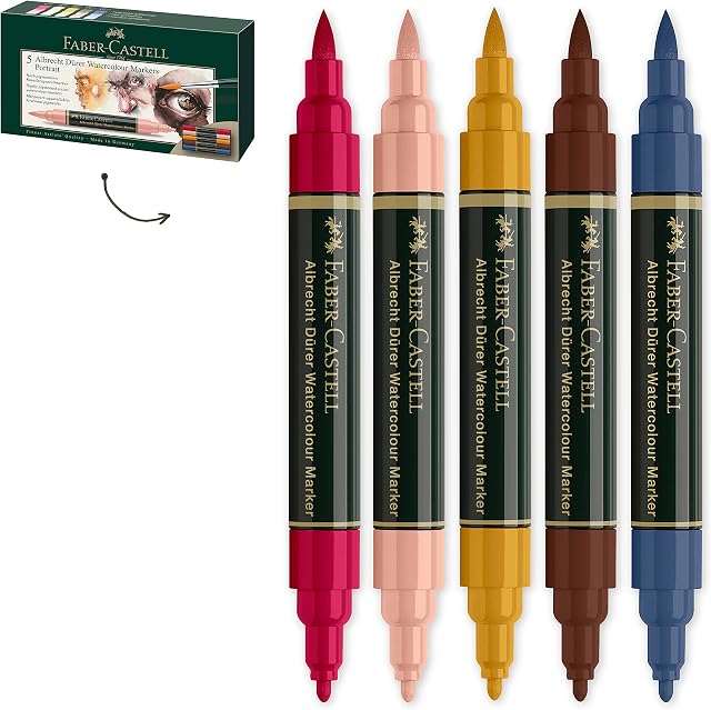 Faber-Castell Albrecht Dürer 160307 Watercolour Marker with Double Tip for Flat and Precise Colour Application Pack of 5 Portrait