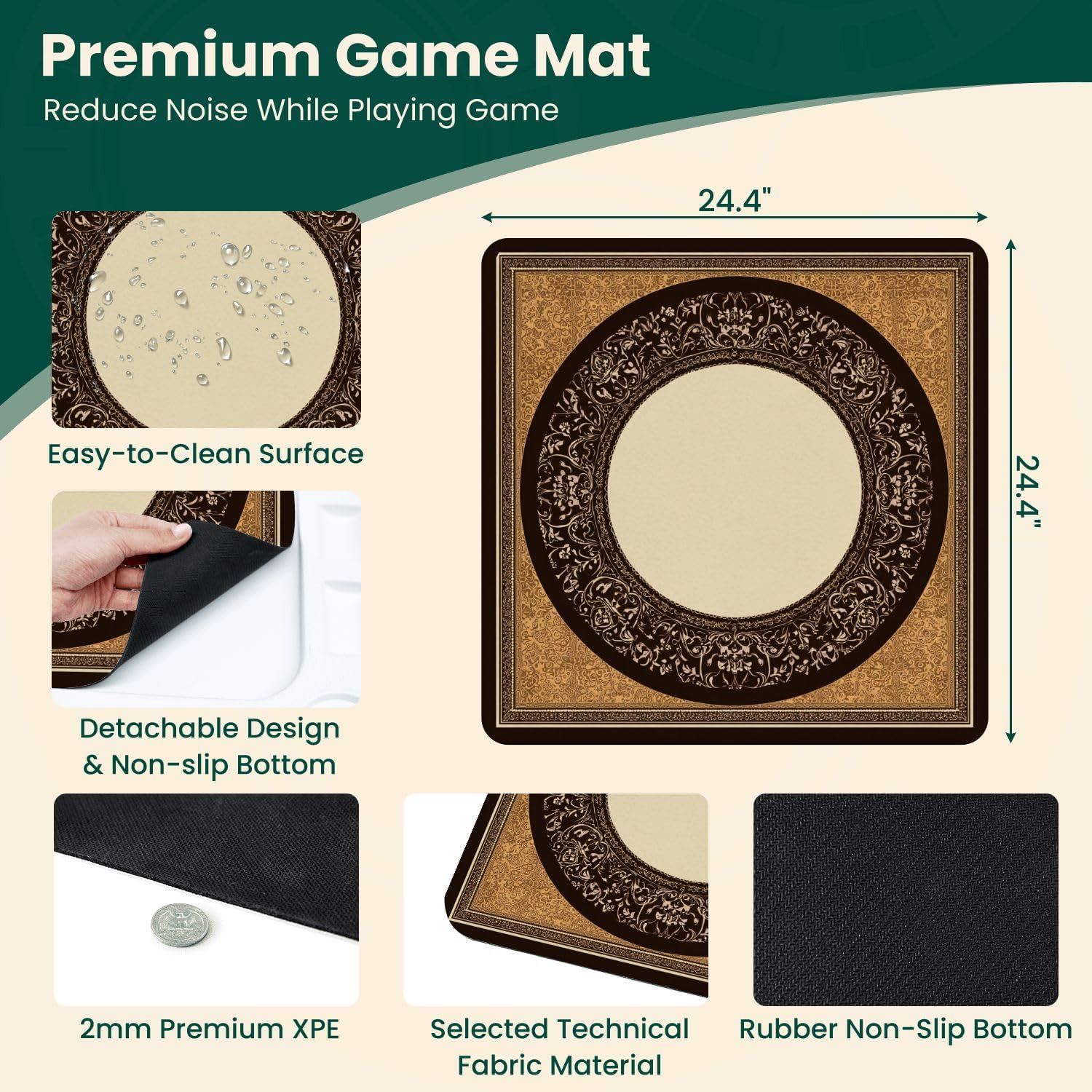 Folding Mahjong Table with Ornate Vintage Circular Frame Gold Brown Floral Border Wear-Resistant Mahjong Mat, 4 Cup Holders & Chip Trays for 4 Players Square Portable Card Table for Poker Domino