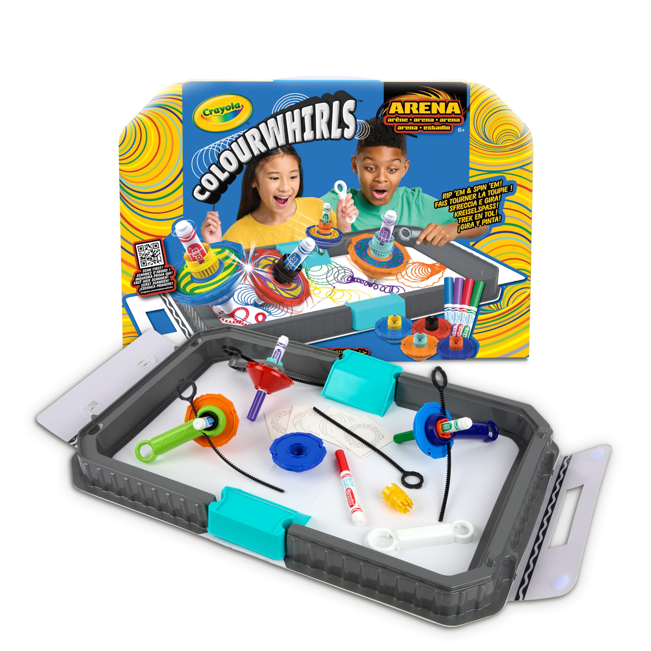 CRAYOLA Colourwhirls Battle Arena - Rip 'Em & Spin 'Em! | Includes Battle Arena, 4 Colourwhirls Toys & 4 Markers | 4 Player Rippin' Spinnin Colouring Fun for Ages 6+
