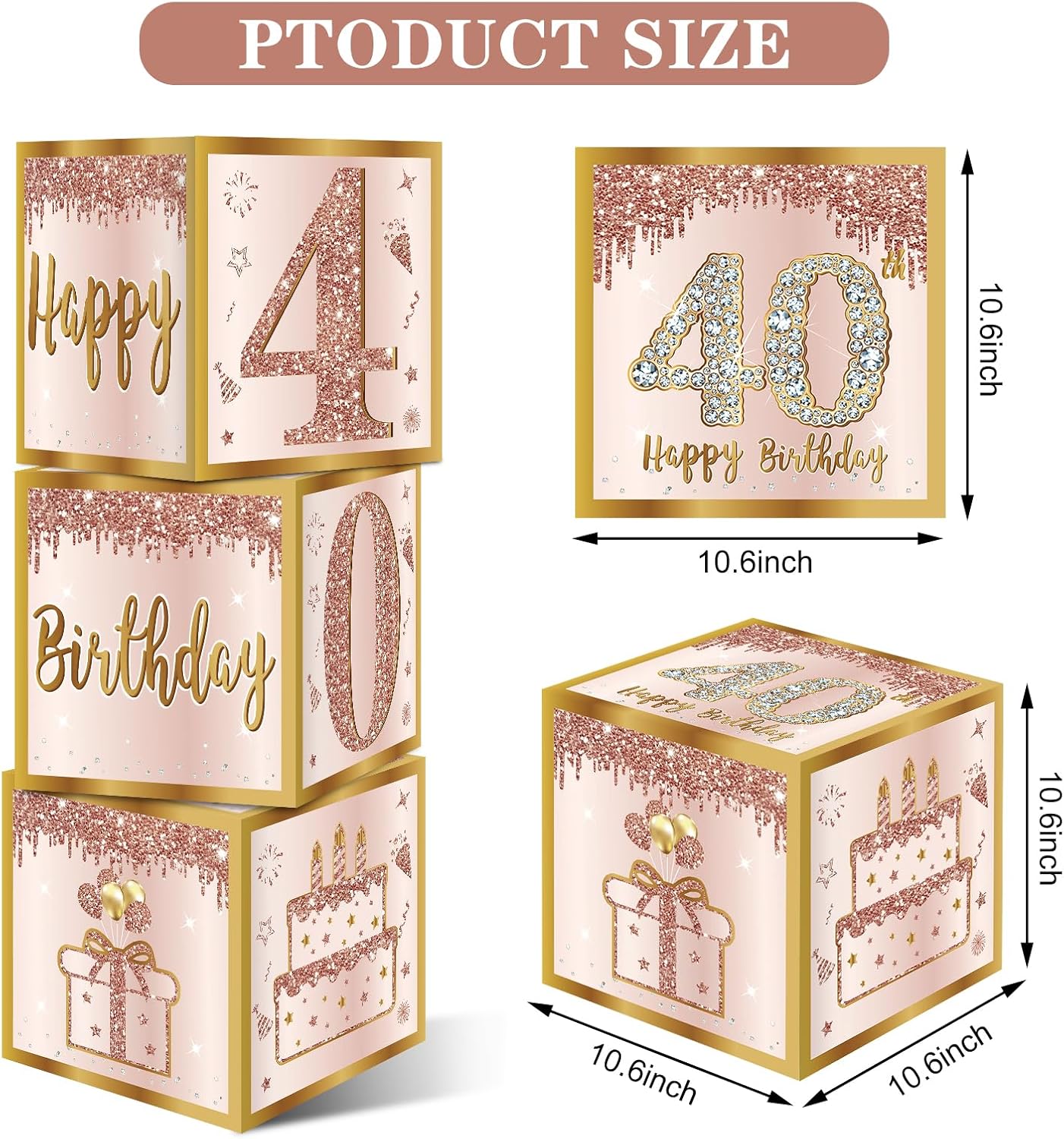 3Pcs 40th Birthday Decorations Boxes for Women, Pink Rose Gold 40th Birthday Balloons Boxes Party Supplies, Pink Forty Year Old Bday Theme Cardboard Box Decor - Image 2