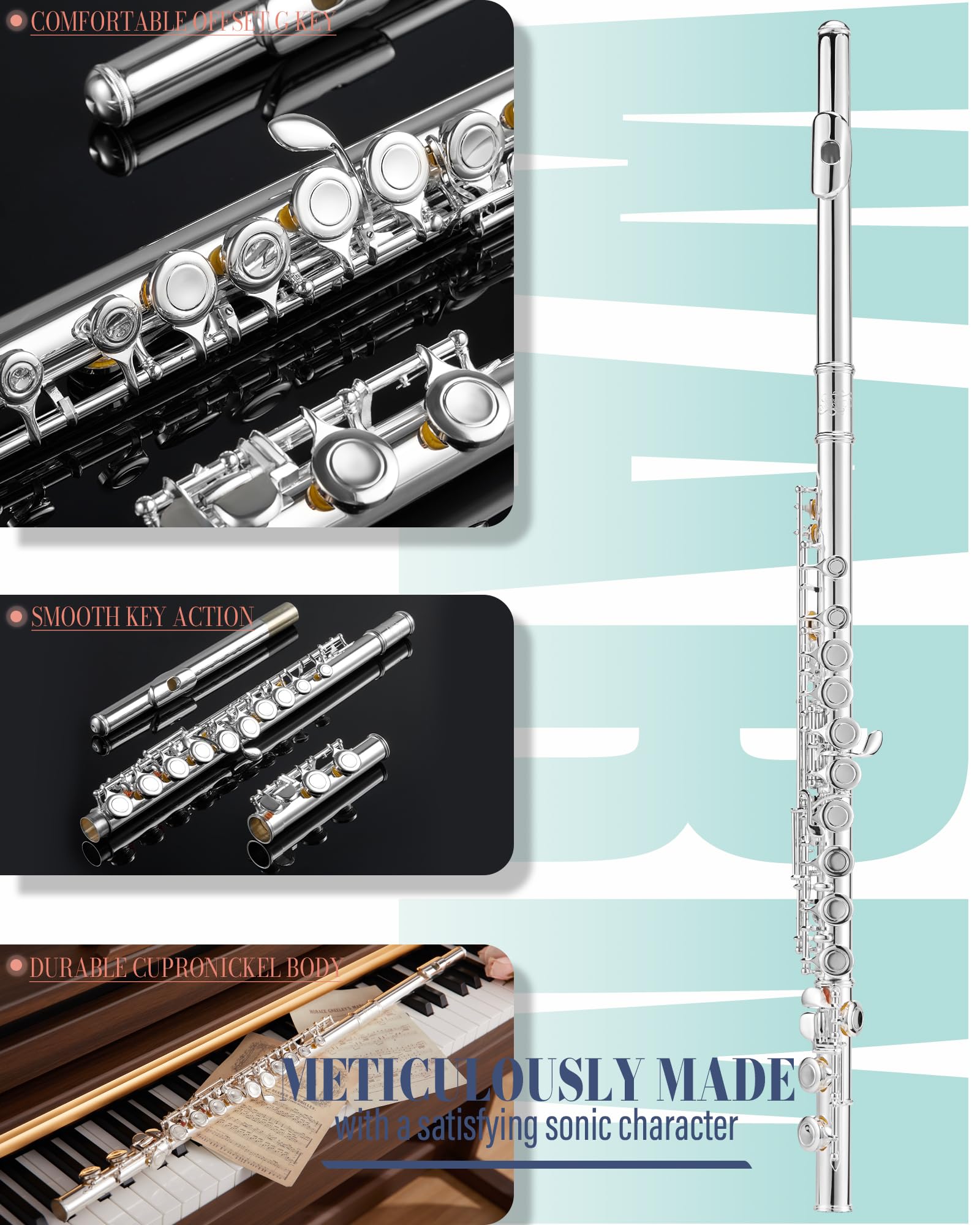 AKLOT Flauto da Concerto a Fori Chiusi in Do: Strumento a Fiato con 16 Tasti, Sol Offset, Tasti Lucidati in Argento, Guarnizioni Ermetiche, Include Elegante Custodia in Pelle, Kit di Pulizia, Supporto