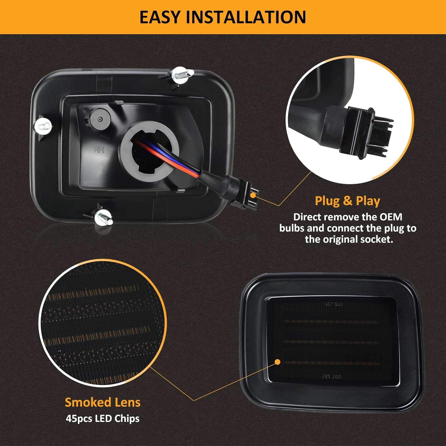 D-Lumina Smoked Len 3-Row Full LED Front Corner Side Marker Lights for Hummer H2 2003-2009, Amber Turn Signal Lights White Daytime Running Lights, Pack of 2