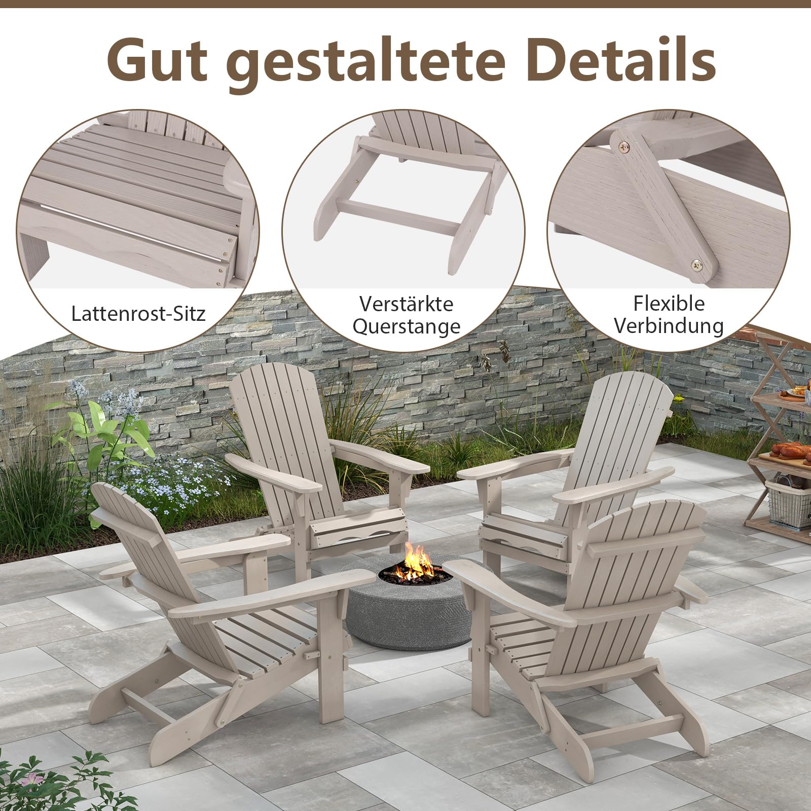 COSTWAY Adirondack Stuhl klappbar, 2er Set, Adirondack Chair aus Holz, Gartensessel mit hoher Rückenlehne & Breiten Armlehnen für Garten, Terrasse, 180 kg Tragfähigkeit, Grau