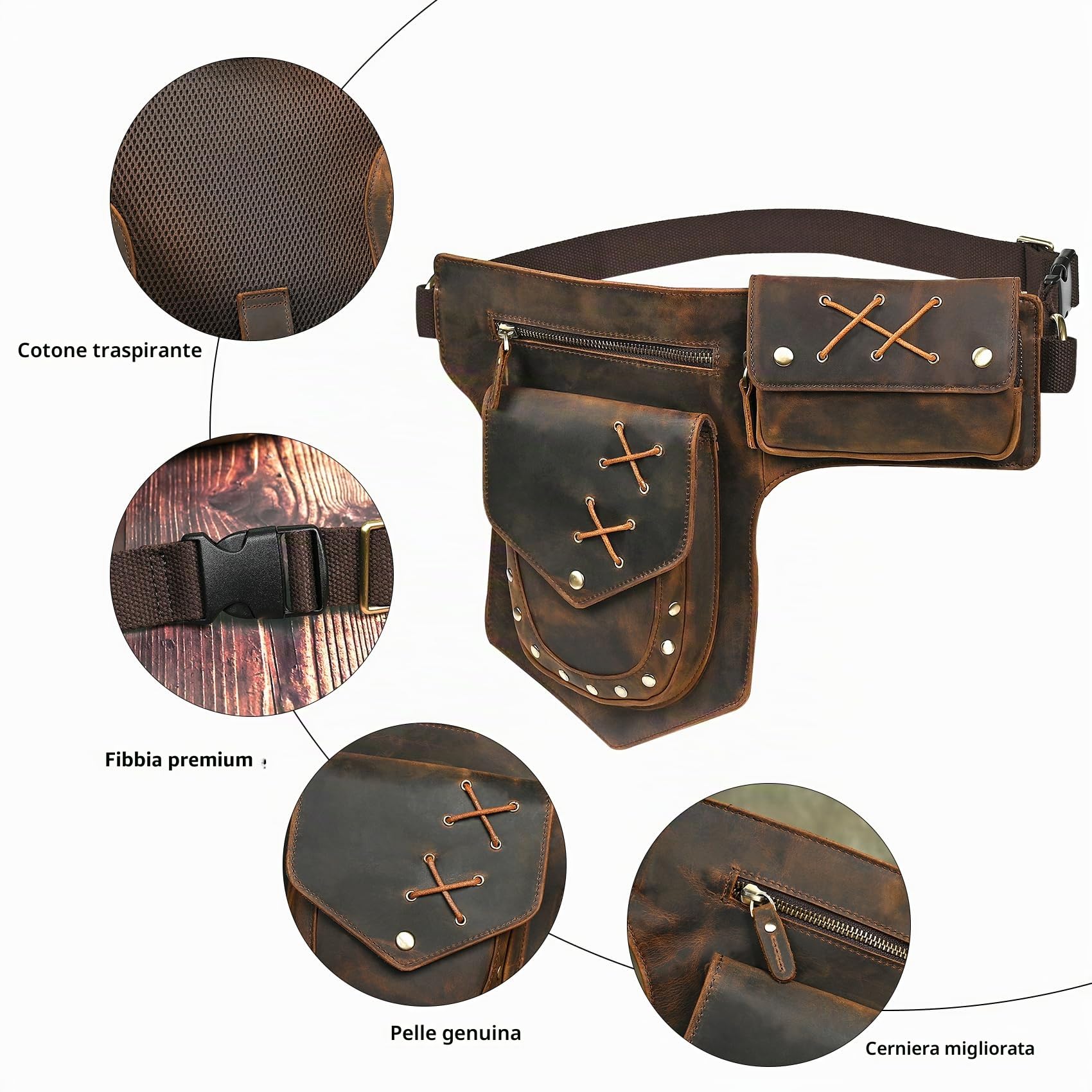 Tela Resistente All'acqua + Vera Pelle Moto Equitazione Travel Coscia Borsa per Gambe Marsupio in Vita Per Gli Uomini Donne FB211-8 (100% Vera Pelle-A-Marrone)