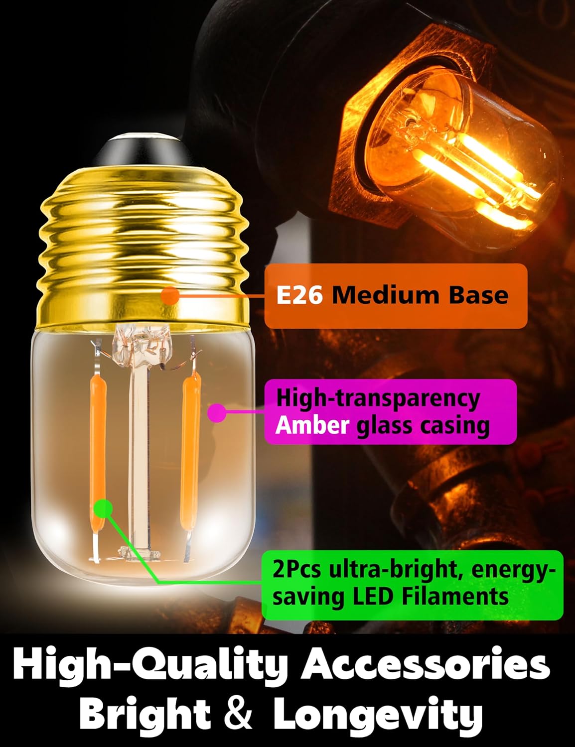 1W E26 Low Lumen Light Bulbs, 80 LM Low Brightness Night Light Bulb, T28 Mini Vintage Light Bulb 10w Equivalent, E26 2200k Amber Warm Dim Light Bulbs for Bedroom, Decorative, Amber Glass, 2 Pack