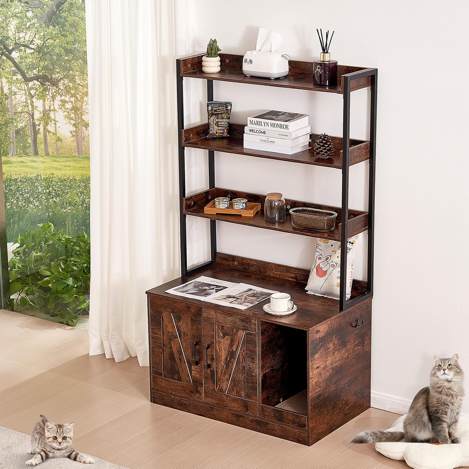 VEVOR Cat Litter Box Enclosure, Hidden Litter Box Furniture with 3 Storage Shelves, Wooden Cat Washroom Indoor, Large Cat House Cabinet Hidden Fit Most Litter Box, 33.5"L x 19.3"W x 58.7"H, Dark Brown