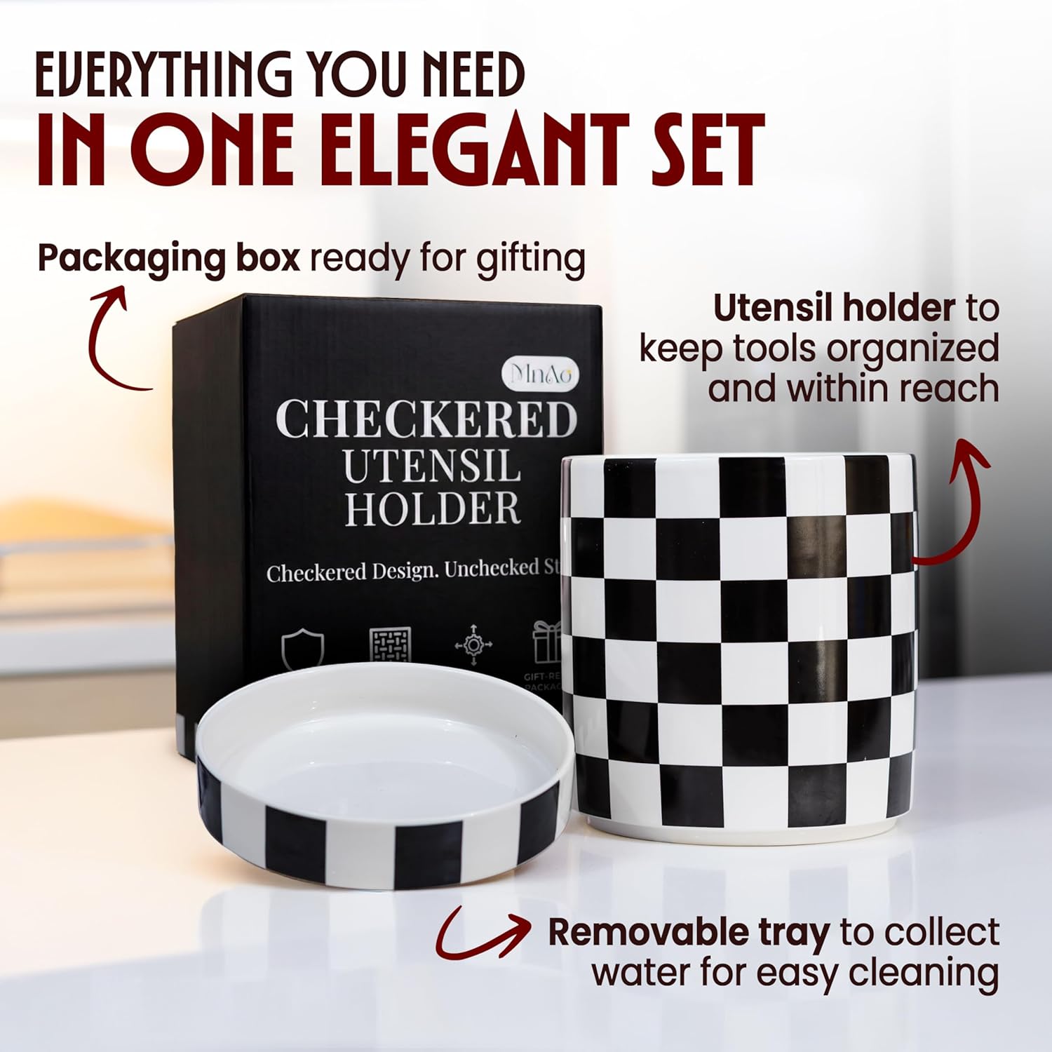 Checkered Utensil Holder for Kitchen Counter – Ceramic Utensil Holder for Checkered Kitchen Decor - Black and White Utensil Holder with Drainage Holes & Cork Base - Spatula Holder for Counter 7x6"