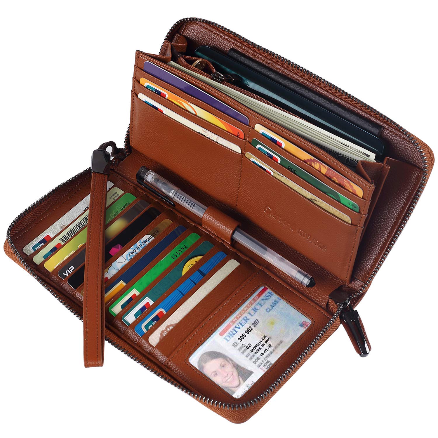 Women RFID Blocking Wallet Leather Zip Around Clutch Large Ladies Purse Wristlet(Brown)