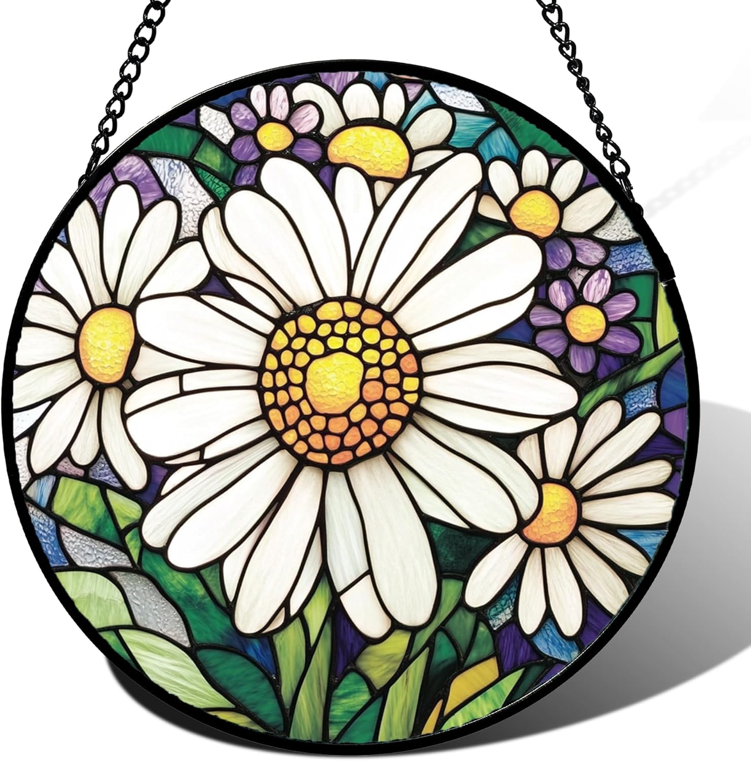 Stained Glass Window Hanging - White Daisy Suncatcher for Door Garden Patio Birth Flower Sun Catchers Decor Christmas Mother's Day Birthday Gifts for Women Mom Nana Aunt Friend 11.8 in