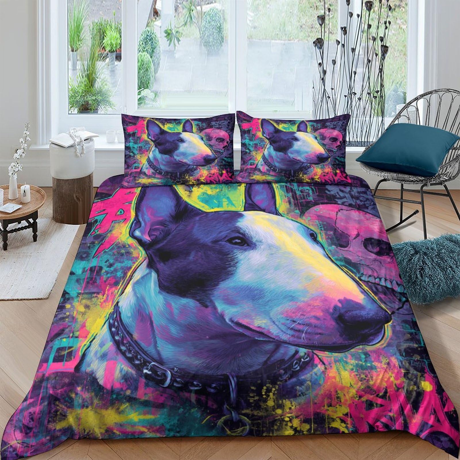 GPLZQXKJNH 3D Printed Bull Terrier Duvet Cover Set Microfiber Bright Graffiti Bedding with 2 Pillowcases for Bedroom Decor Single（135x200cm）
