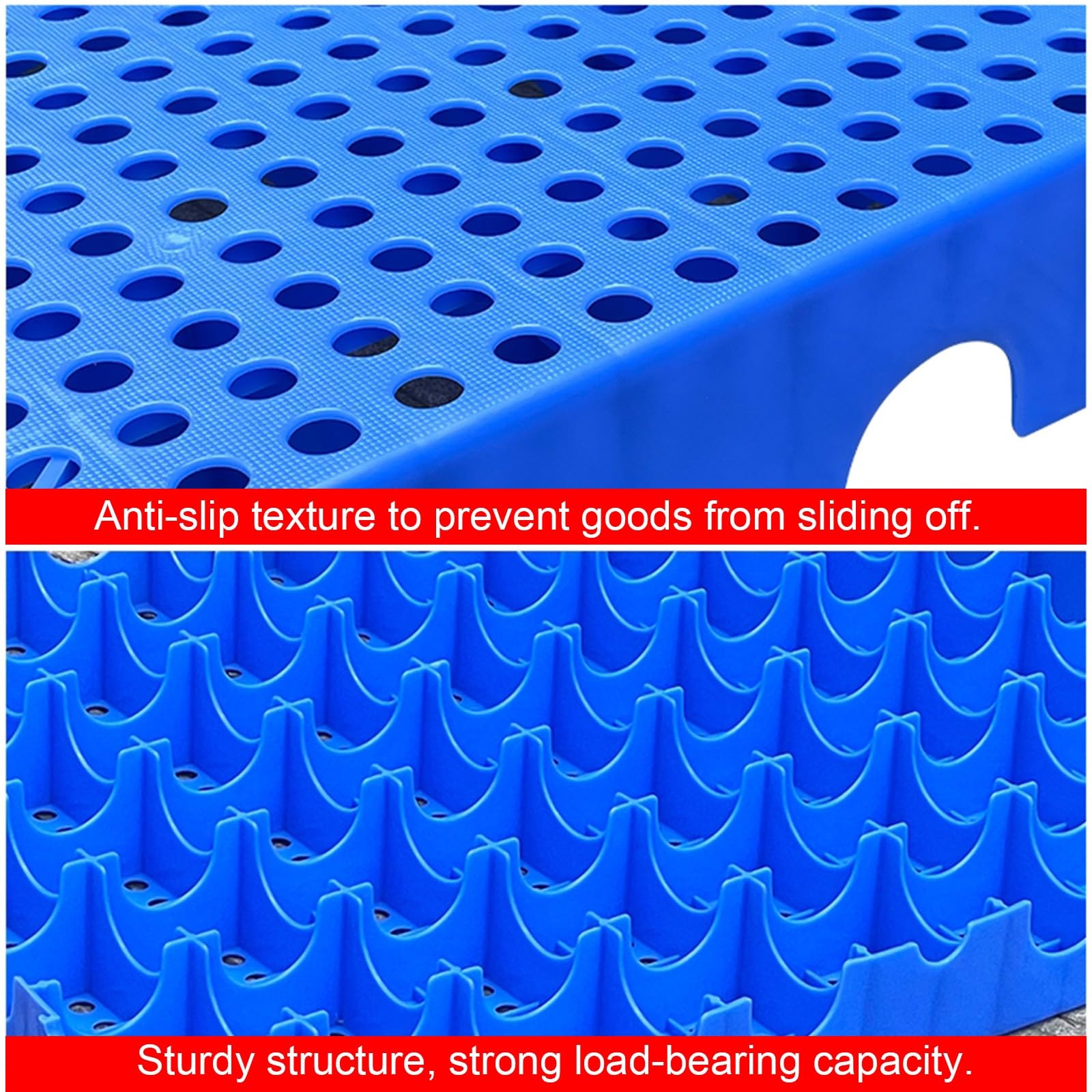 Pallet per conservazione frigorifera, design ad incastro resistente, elevata capacità di carico, antiscivolo e facile da pulire, ideale per magazzini e logistiche