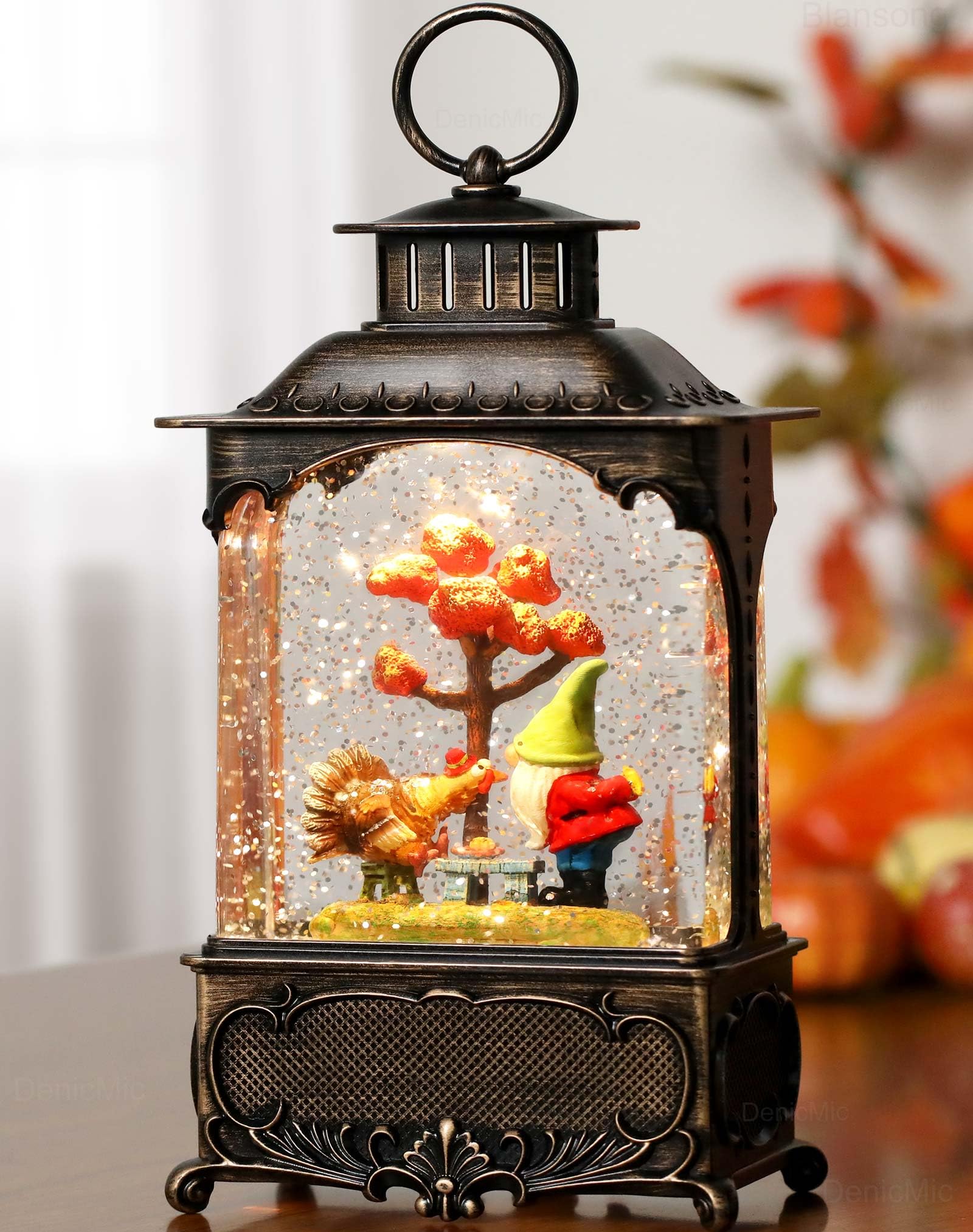 Fall Snow Globe Lantern,Fall Decorations for Home with Gnome and Turkey, Snow Globe Glittering, Harvest Day Decorations with Timer for Autumn Thanksgiving