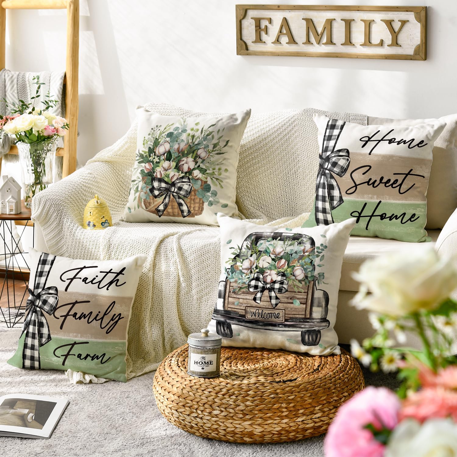 AVOIN colorlife Home Sweet Home Farmhouse Eucalyptus Leaves Throw Pillow Covers, 16 x 16 Inch Truck Stripes Buffalo Plaid Cushion Case Decorations Set of 4 - Image 2