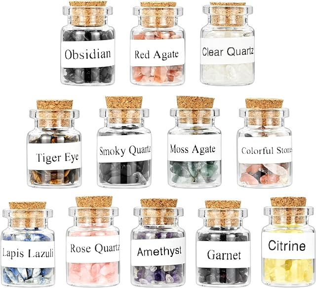 12Pcs Mini Crystals Gemstone Bottles Set, Healing Crystal Tumbled Stones Collection Kit Natural Quartz Gravel Wishing Bottle, DIY Craft Bottles for Reiki, Healing, Meditation, Chakra Balance