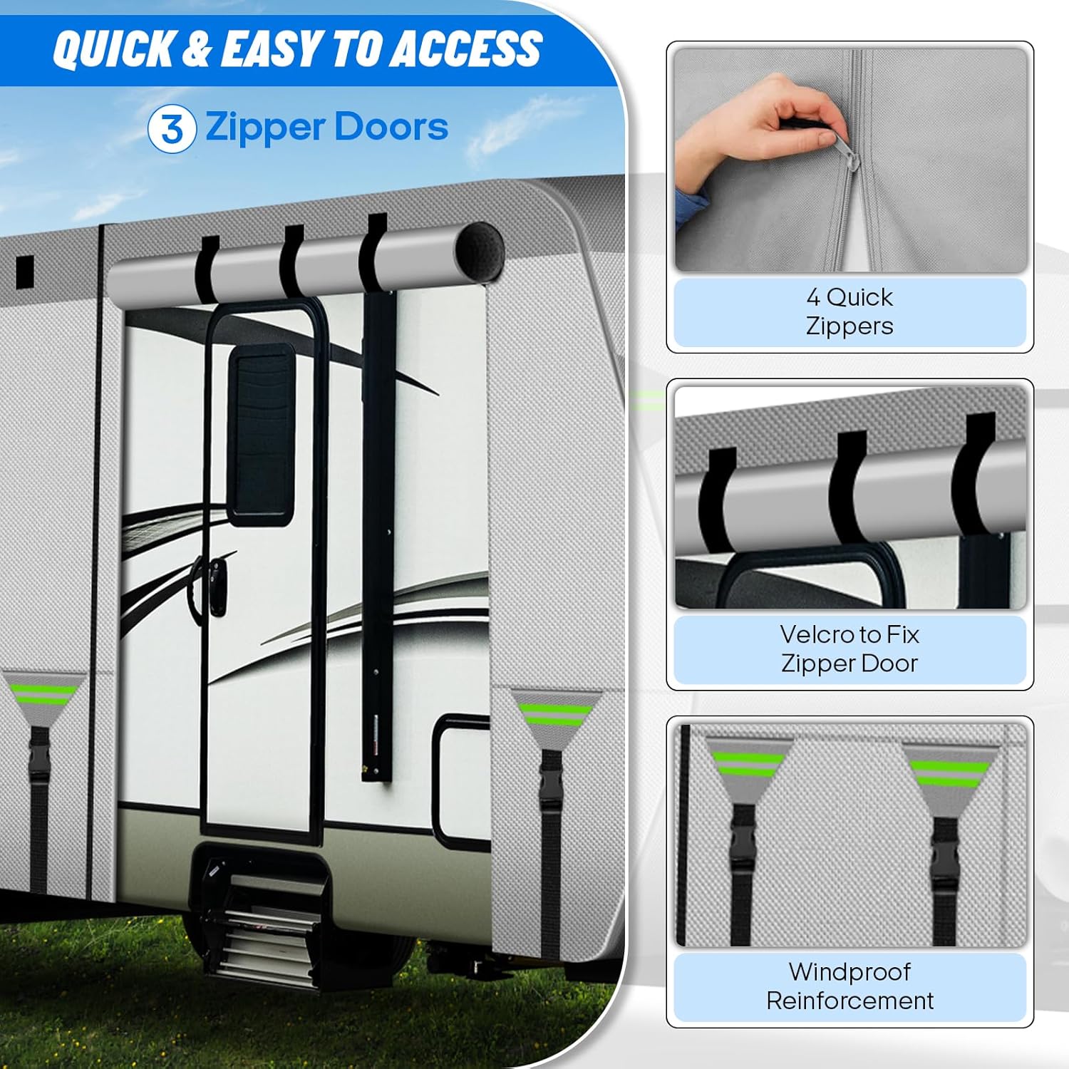 Travel Trailers RV Cover 30-33FT, 7-Layer Thick Heavy Duty Rip-Stop Camper Cover with Tongue Jack Cover, Tire Covers, Straps & Storage Bag, Tearproof, Waterproof, Snowproof, Windproof & Anti-UV