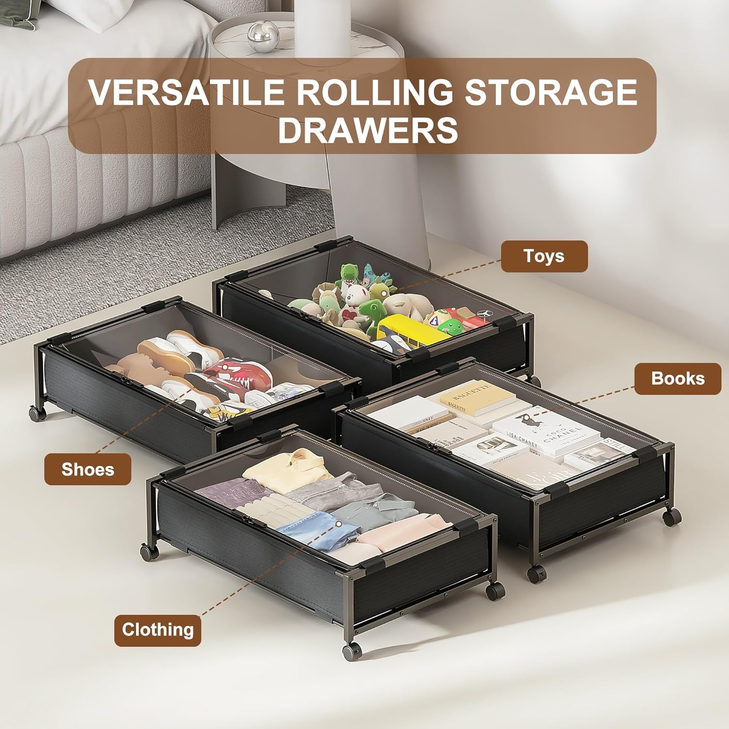 Under Bed Storage with Wheels 2 Packs, Under Bed Drawers, Underbed Storage with Wheels and Lid, Rolling Underbed Drawers for Clothes, Shoes, Blankets, Toys (Black)