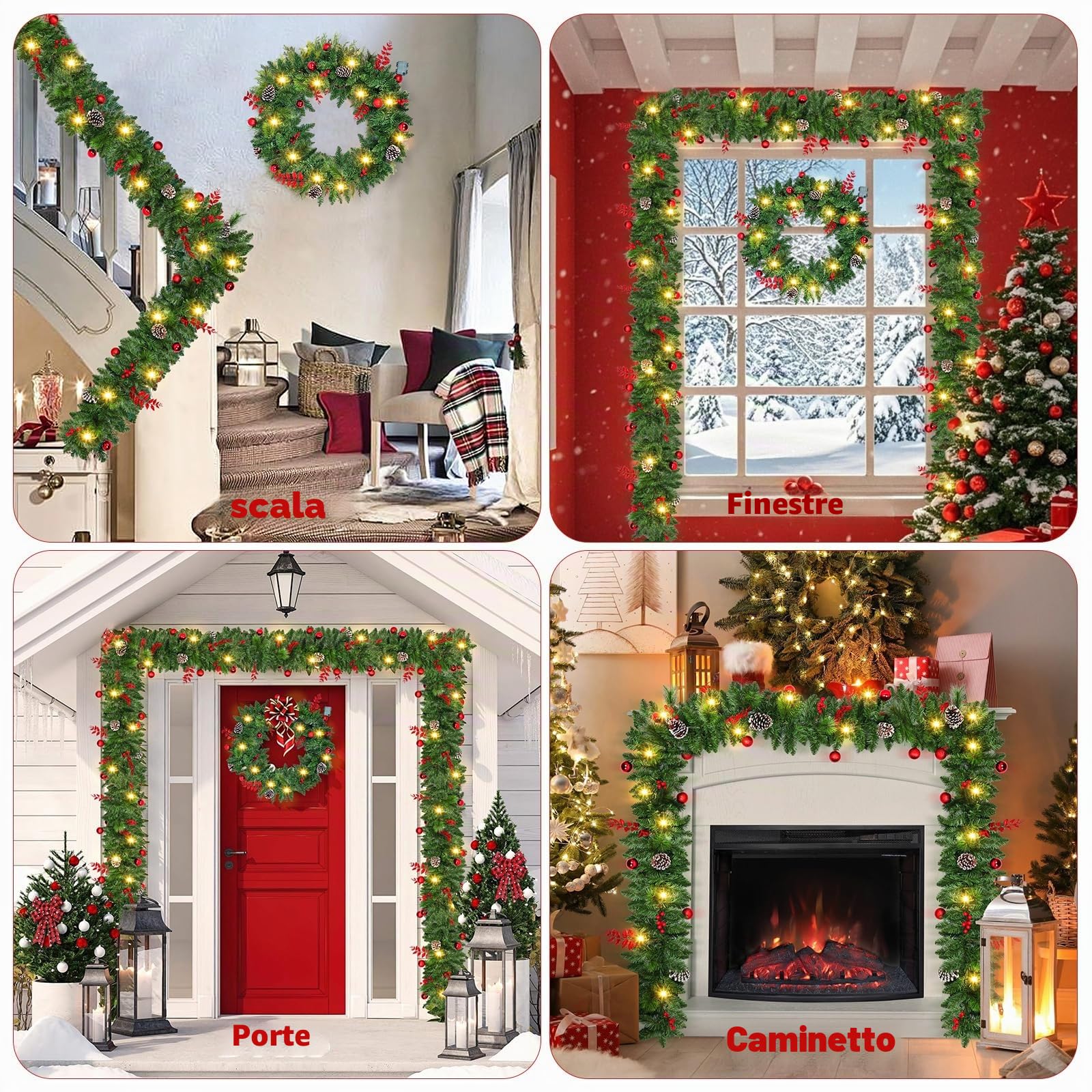 Ghirlanda Natalizia per Porta: 2,7M Ghirlanda Natale Decorazioni Artificiale con 30 LED, Scatola Batteria con Timer Impermeabile, Decorazione Natalizia per Balcone, Casa, Scale, Camino