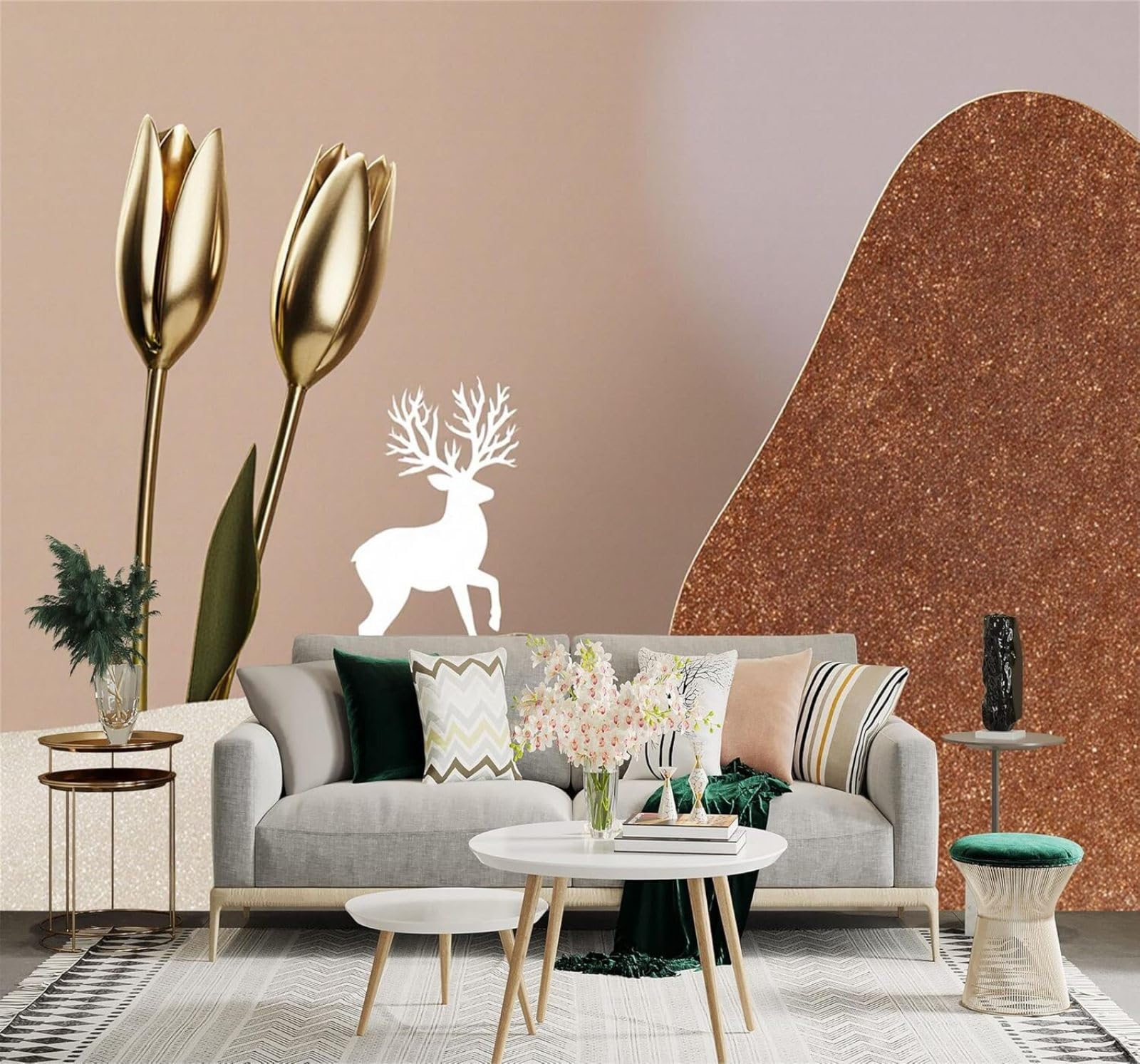 XLMING Golden Tulips White Deer Abstract Sand Rocks 3D Wallpaper Silky Texture Home Study Office Grey Dining Room Sofa Bedroom Living Room TV Backdrop-350cm×256cm