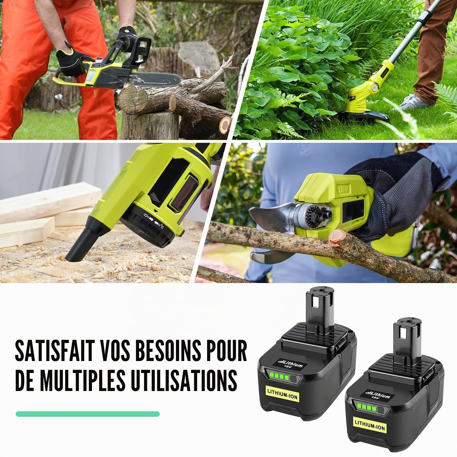 2X Remplacement pour Ryobi 18V Batterie 5.0Ah RB18L50 RB18L40 RB18L25 RB18L15 RB18L13 P108 P107 P122 P104 P105 P102 P103 (Noir Vert)