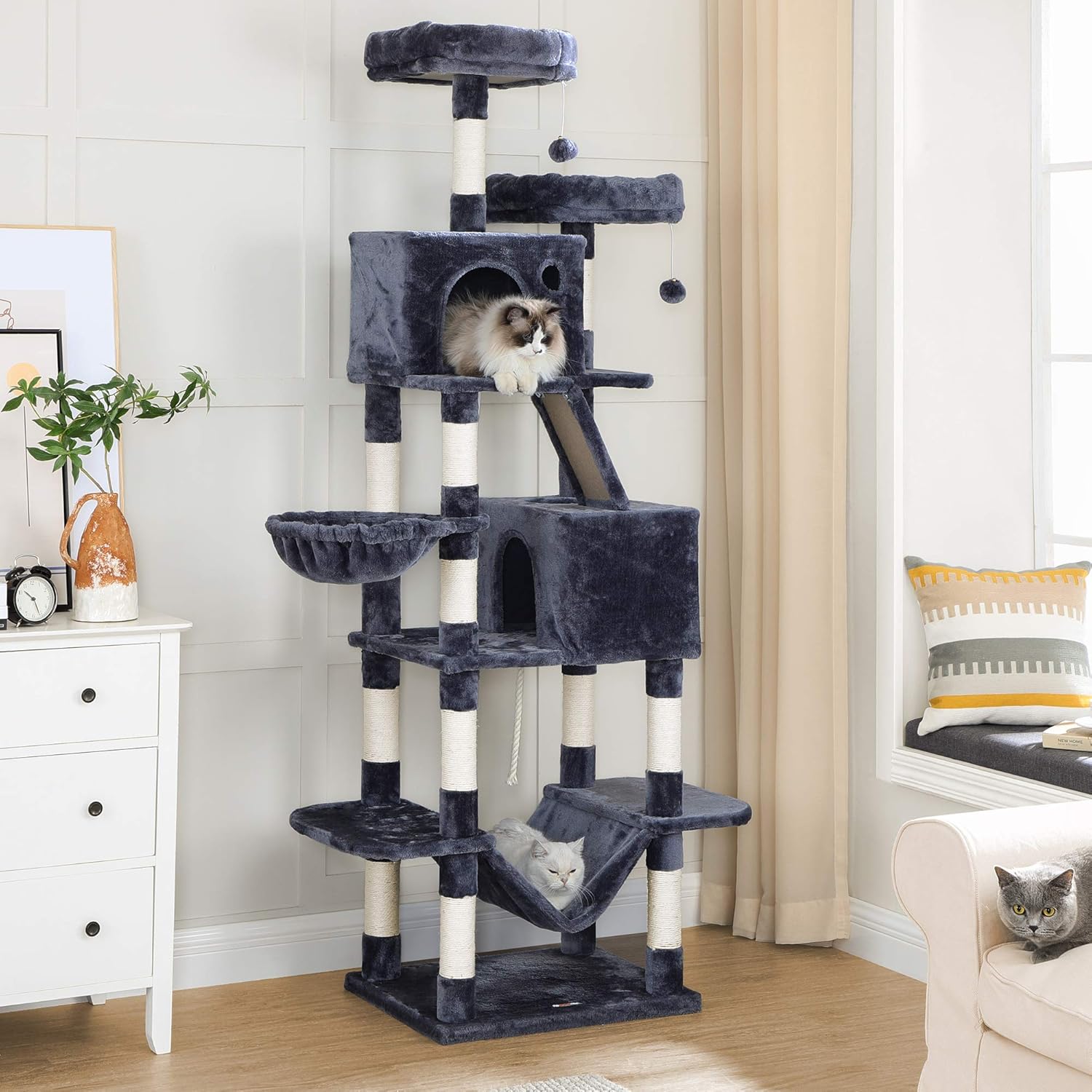 FEANDREA Cat Tree, XL Cat Tower, 81.1-Inch Tall Cat Condo with Hammock, Basket, Scratching Posts, 2 Cat Caves, 2 Plush Perches, Cat Activity Center, Smoky Gray UPCT190G01 : Pet Supplies
