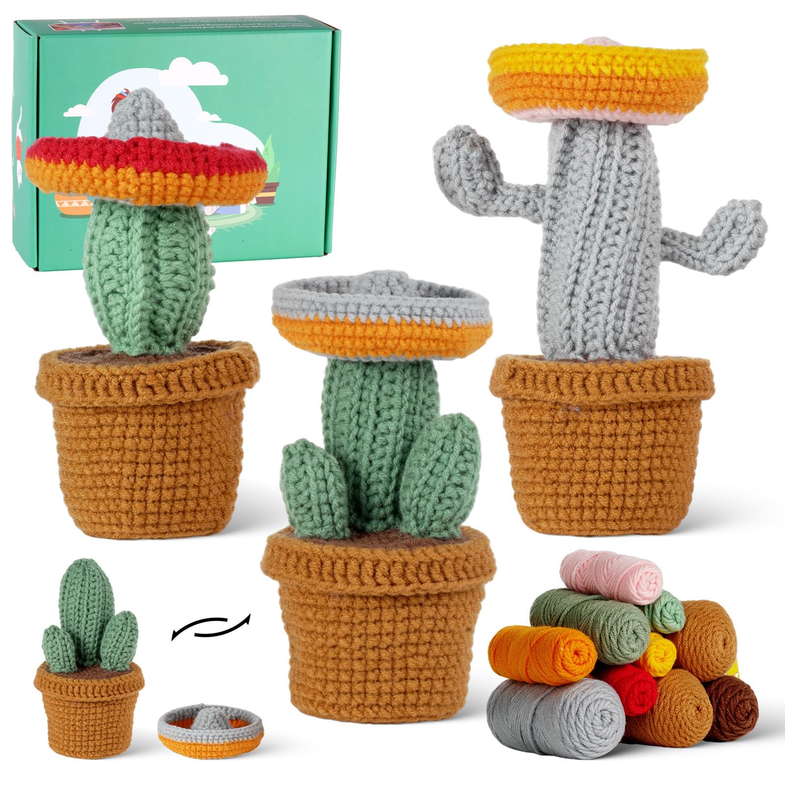 JasCherry Kit de crochet, kit de animales para principiantes adultos, regalo de crochet DIY con video instructivo paso a paso, hilo suave, manualidades de tejido - Cactus