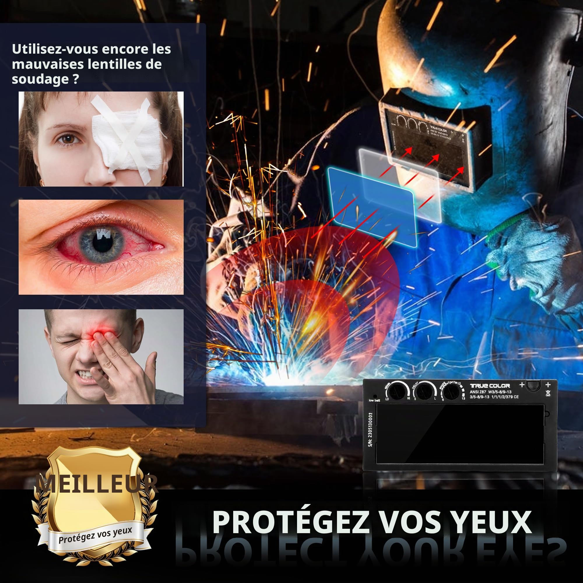 Lentille de soudage auto-obscurcissante, 2 × 4,25, teinte variable 5-13, technologie True Color, avec lentille extérieure de rechange, s'adapte à la plupart des hottes de soudage pour crêpes et