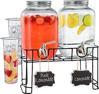 FINEDINE 2-Pack 1 Gallon Glass Beverage Dispensers with Stand & Leak-Proof Stainless Steel Spigot - Party Punch Bowl for Lemonade, Juice, Infused Water