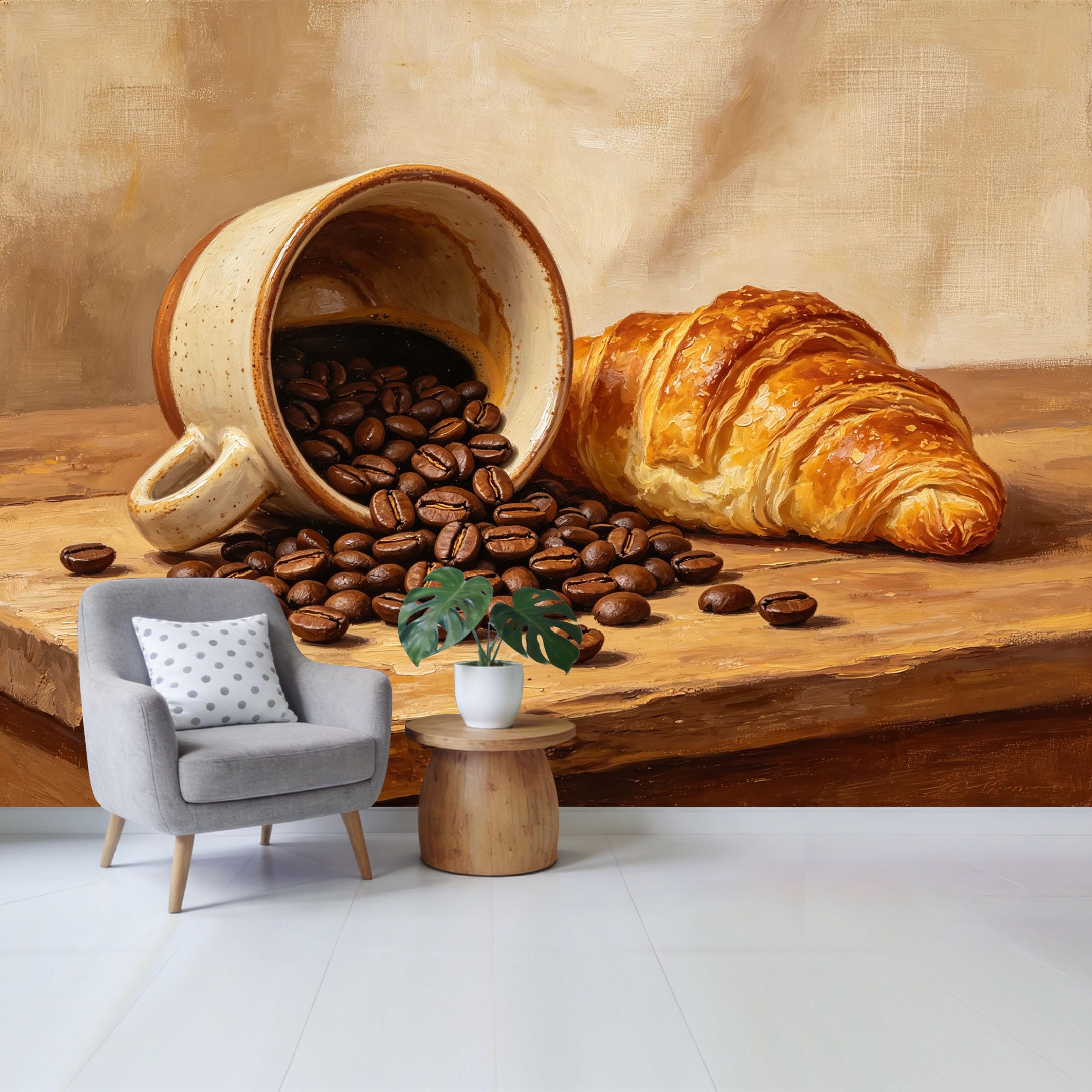 Qzlithotic Yq2605250416 Custom Size Wall Mural Coffee Beans Spilled From Cup Croissant Oil Painting Style Selfadhesive Wall Fabric Removable Wallpaper For Home Office Decor