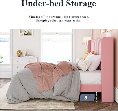 Miniatura 6 de Allewie Marco de cama de terciopelo tamaño Queen, cabecera capitonada con canal vertical, plataforma tapizada, listones de madera fuertes, no