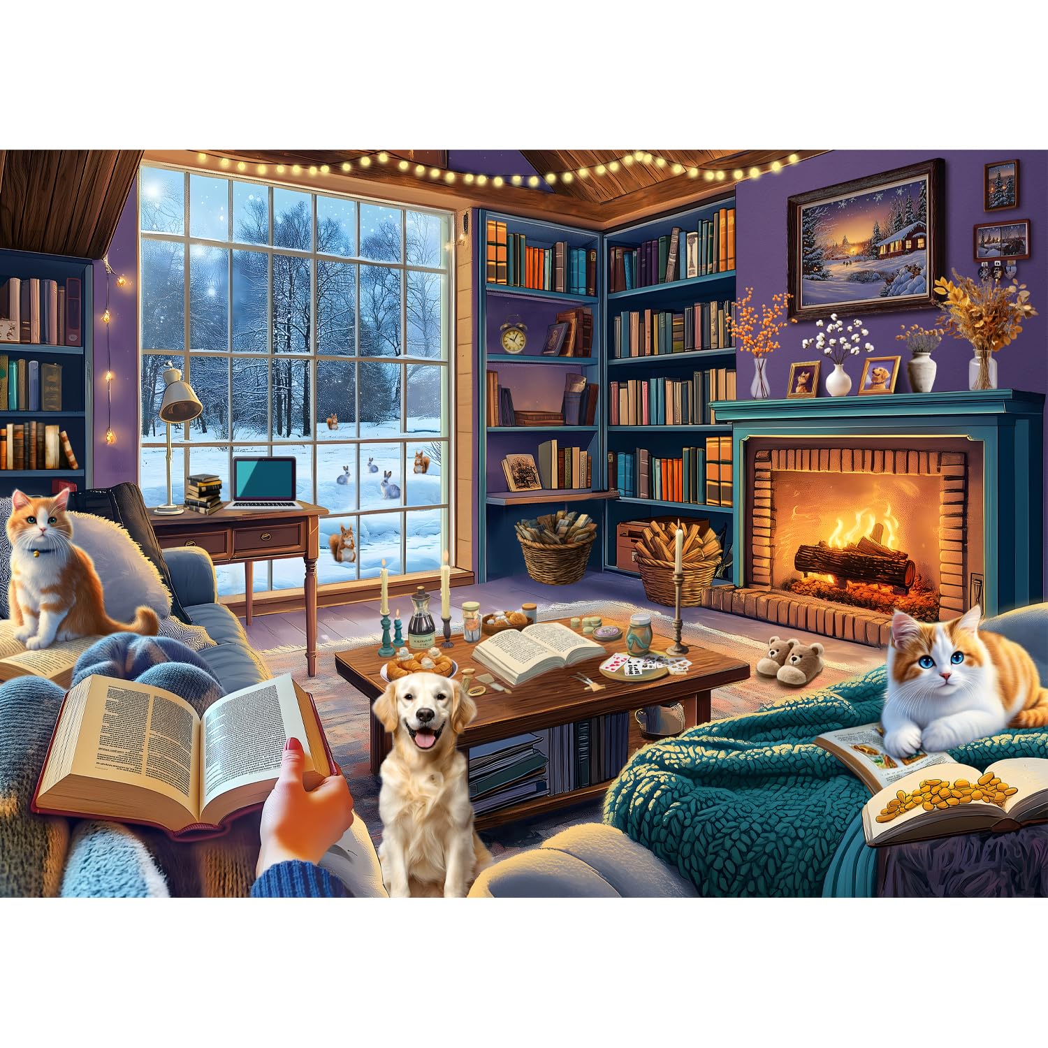 Winter Puzzles for Adults 1000 Pieces, Cozy Cabin Dog Cat Book Themed, Winter Cabin Kittens challenging Jigsaw Puzzle