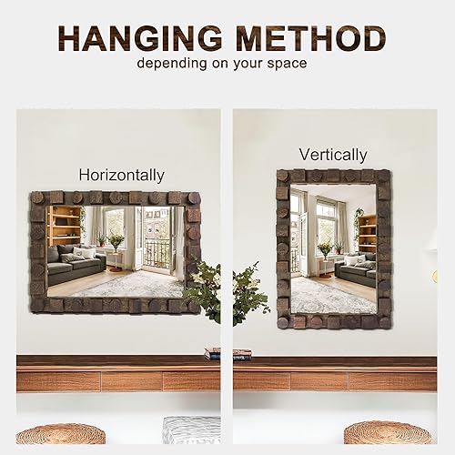 Miniatura 7 de Espejo de pared con marco de madera rústica, espejo de tocador de madera maciza de 28 x 20 pulgadas para baño, dormitorio o entrada, montaje