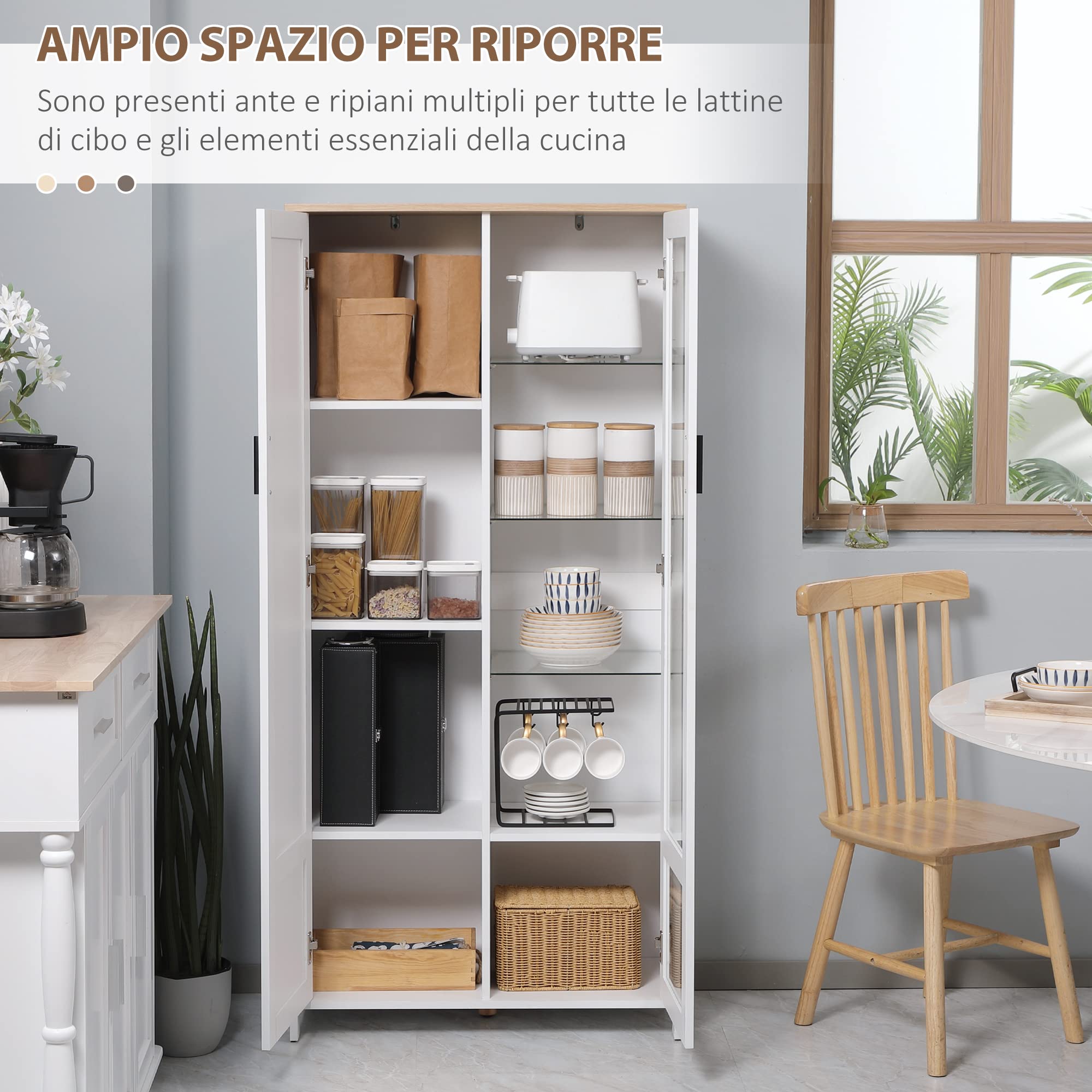 HOMCOM Credenza Cucina a 9 Ripiani Regolabili con Ante in Vetro e Base Rialzata, Mobile Cucina in Legno, 76x36x160 cm, Bianco