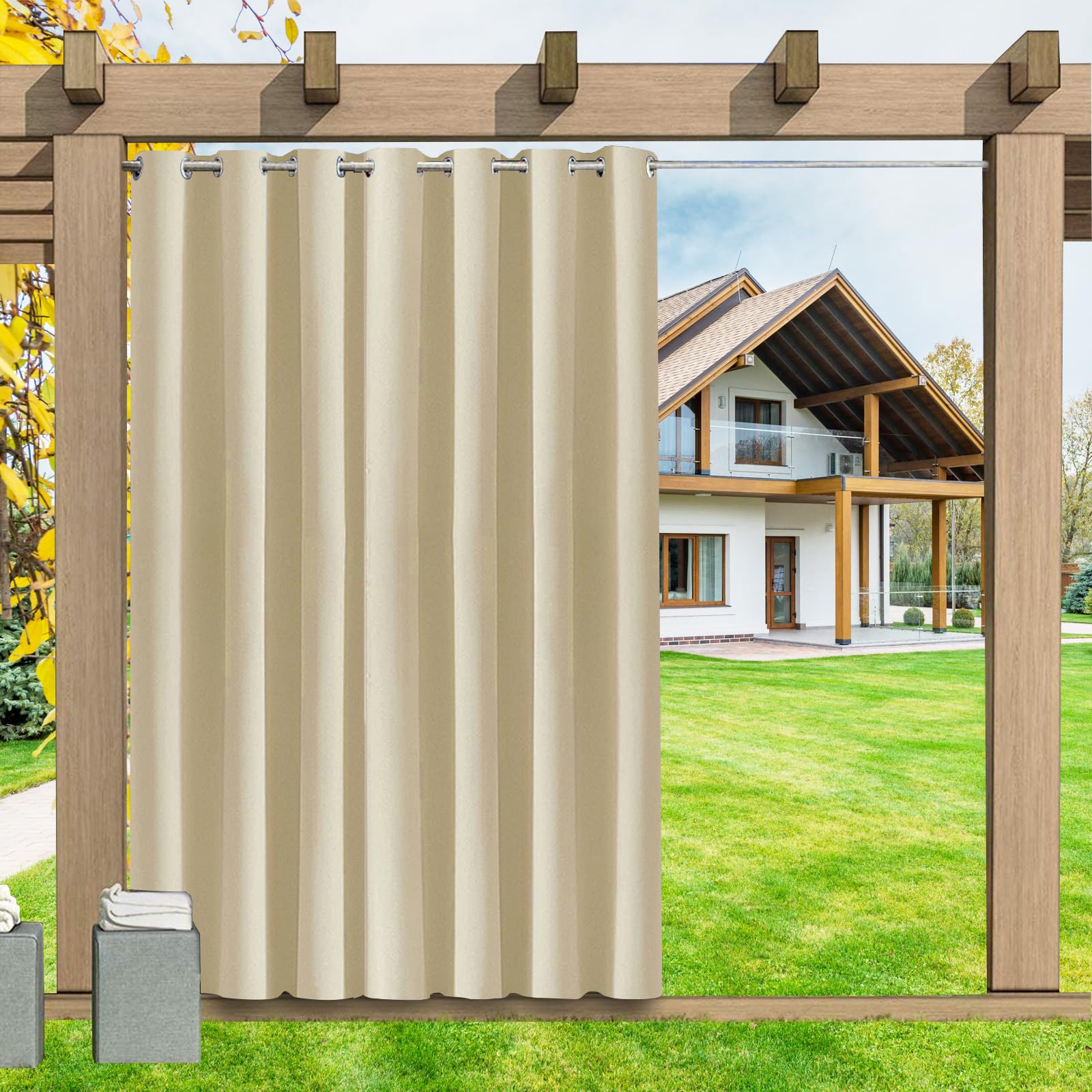 LSDINDF Outdoor Curtains Waterproof 1 Panel, Blackout Thermal Insulated Privacy Curtains with Grommet Top for Pergola, Porch, Gazebo, Patio & Pool - Custom sizes