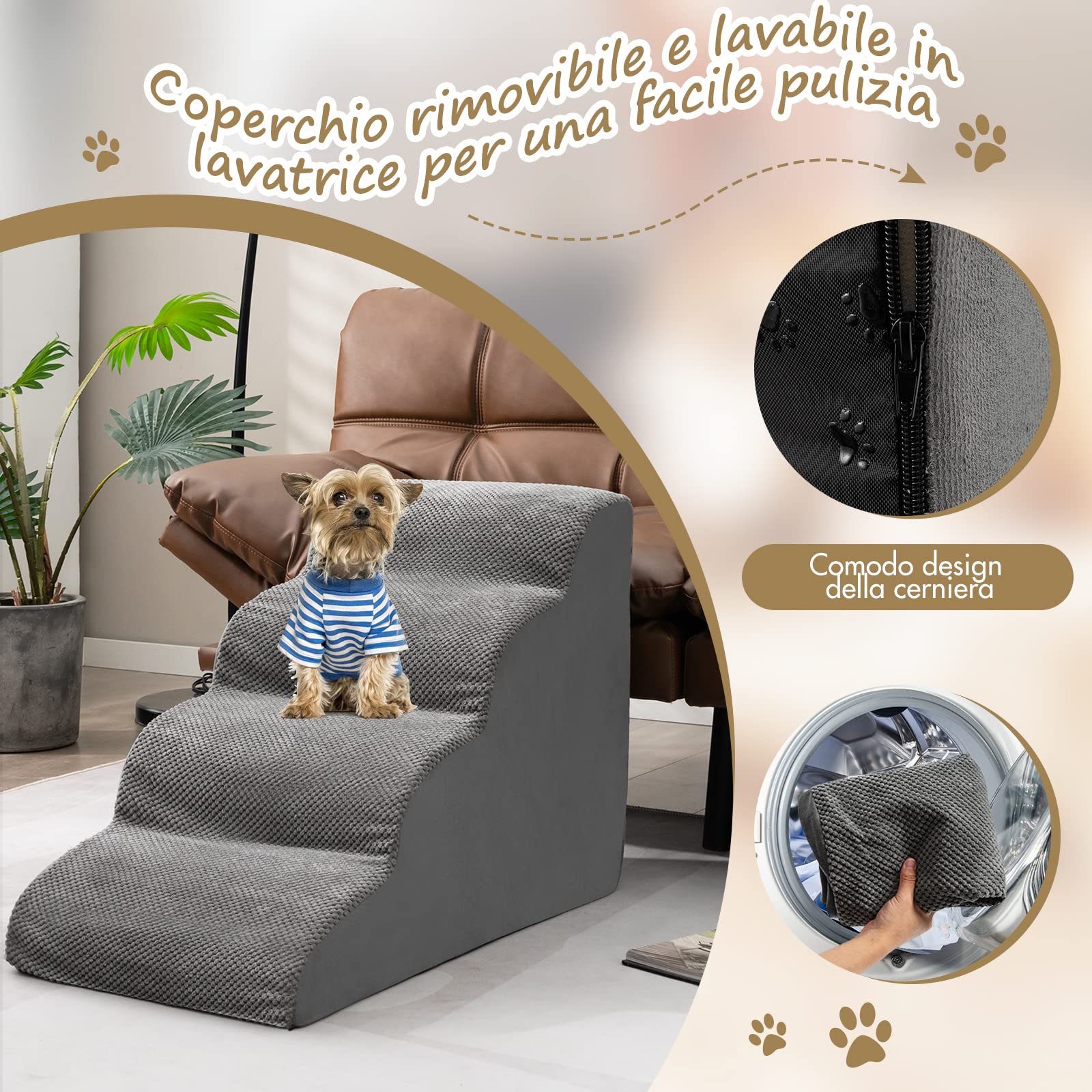 COSTWAY Rampa per Cani con 4 Scalini in Schiuma, Scala per Animali con Copertura Lavabile con Cerniera, Ideale per Animali Piccoli, Anziani e Feriti, 41 x 72 x 51 cm, Portata 30 kg